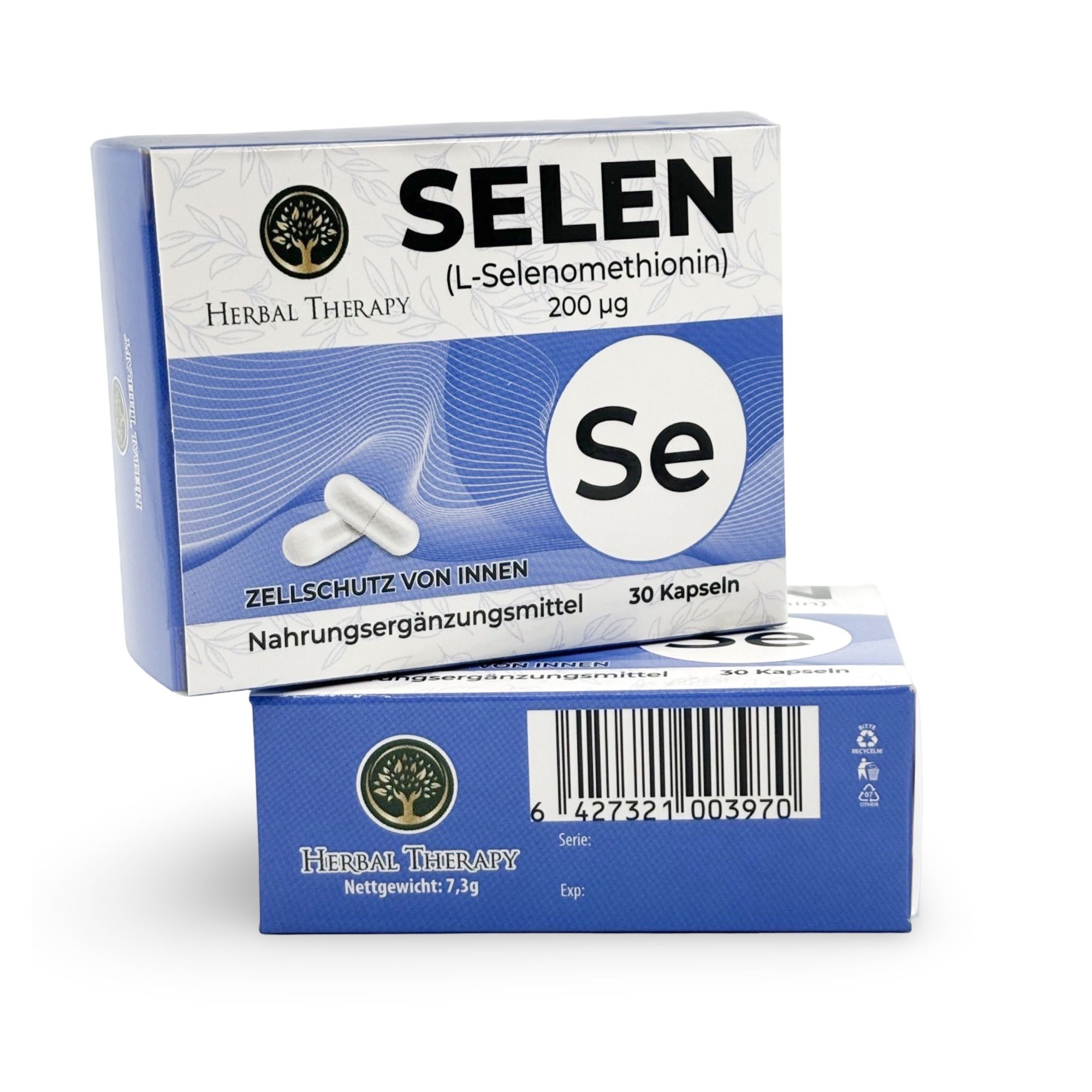 Zwei Kartons "SELEN (L-Selenomethionin) 200 μg". Der untere Karton zeigt die Rückseite mit Barcode. Marke: Herbal Therapy. 30 Kapseln.
