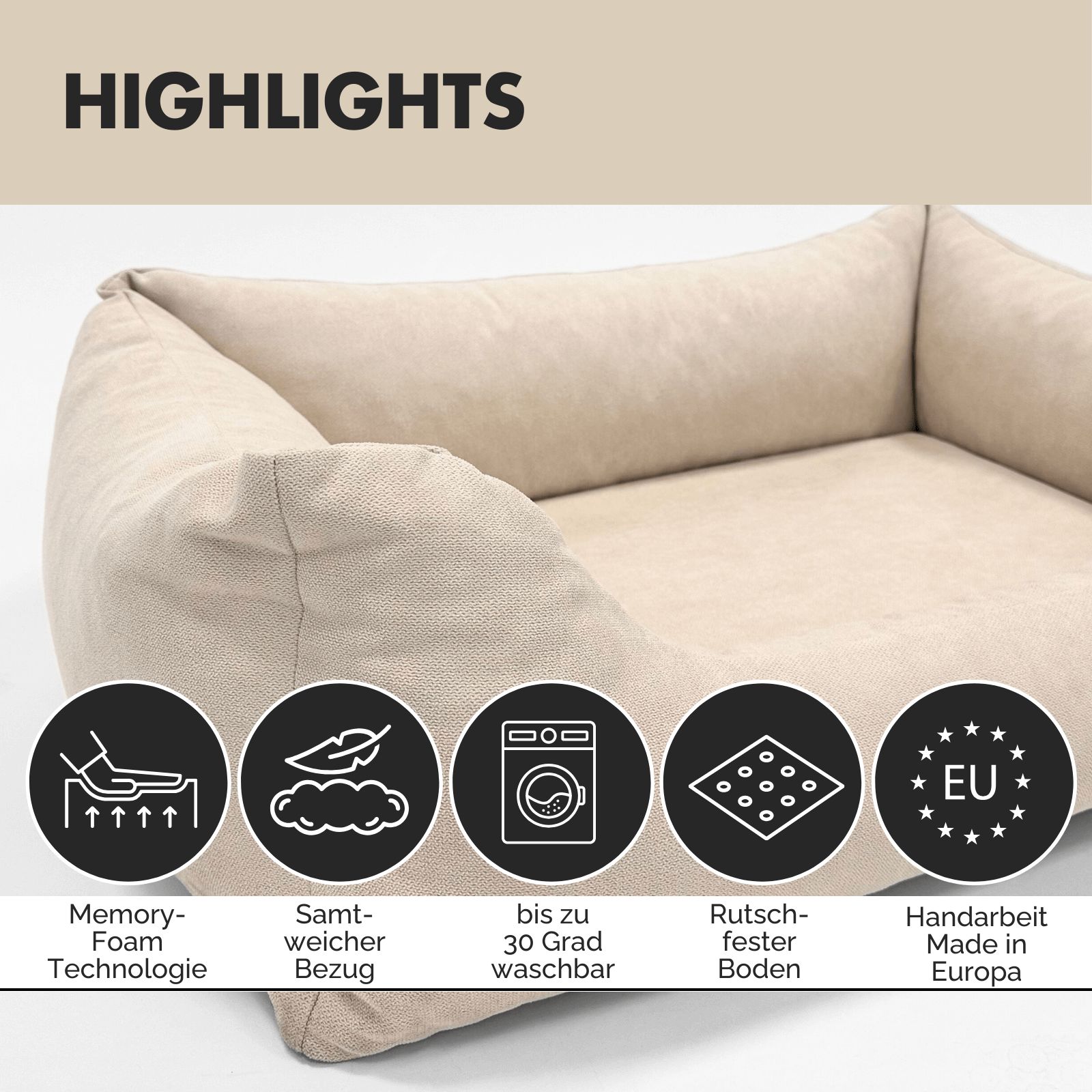 Beiges Hundebett. Icons: Memory Foam, samtweicher Bezug, waschbar, rutschfester Boden, handgefertigt in Europa.