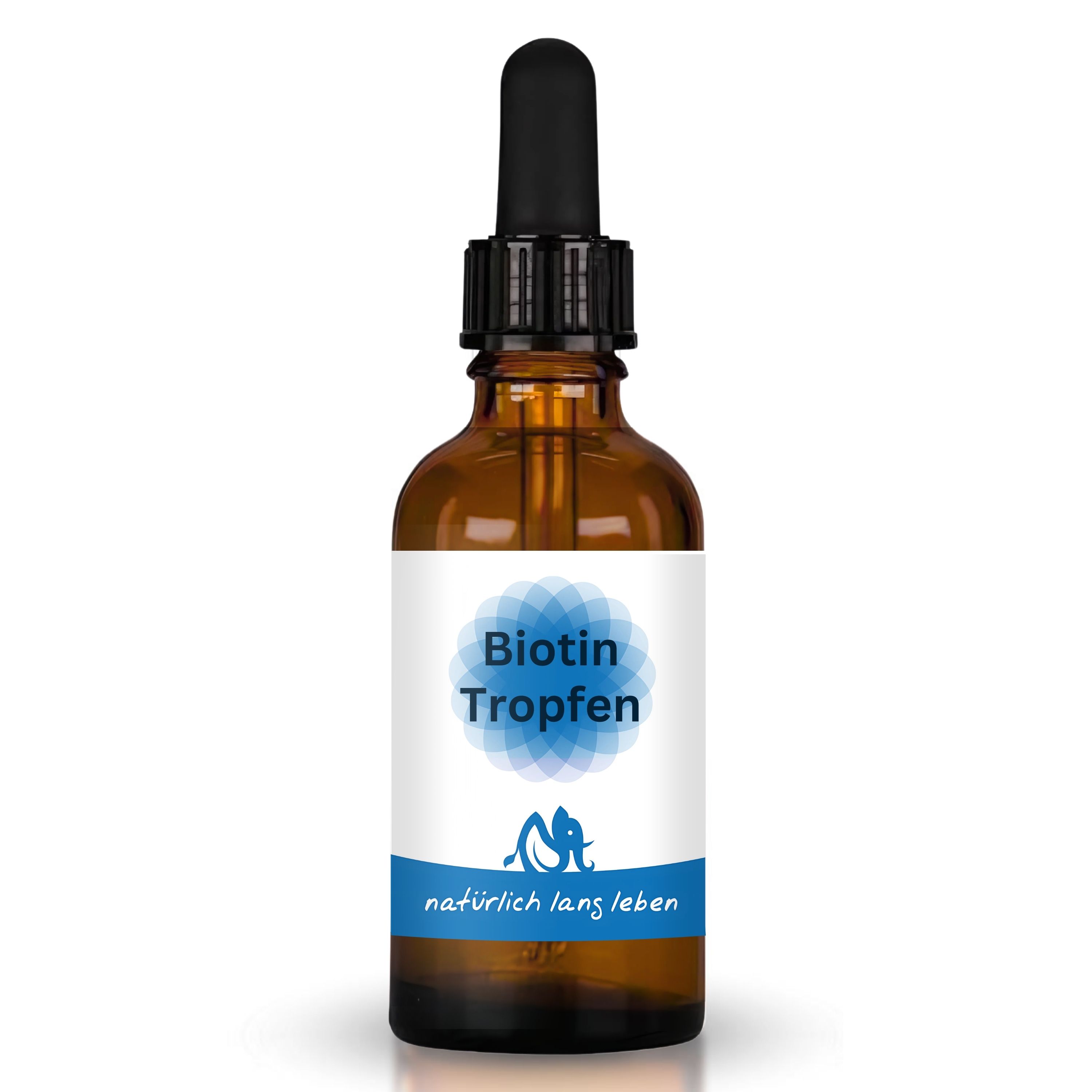Braune Glasflasche mit Pipette. Etikett mit "Biotin Tropfen" und Logo. "natürlich lang leben" Schriftzug.