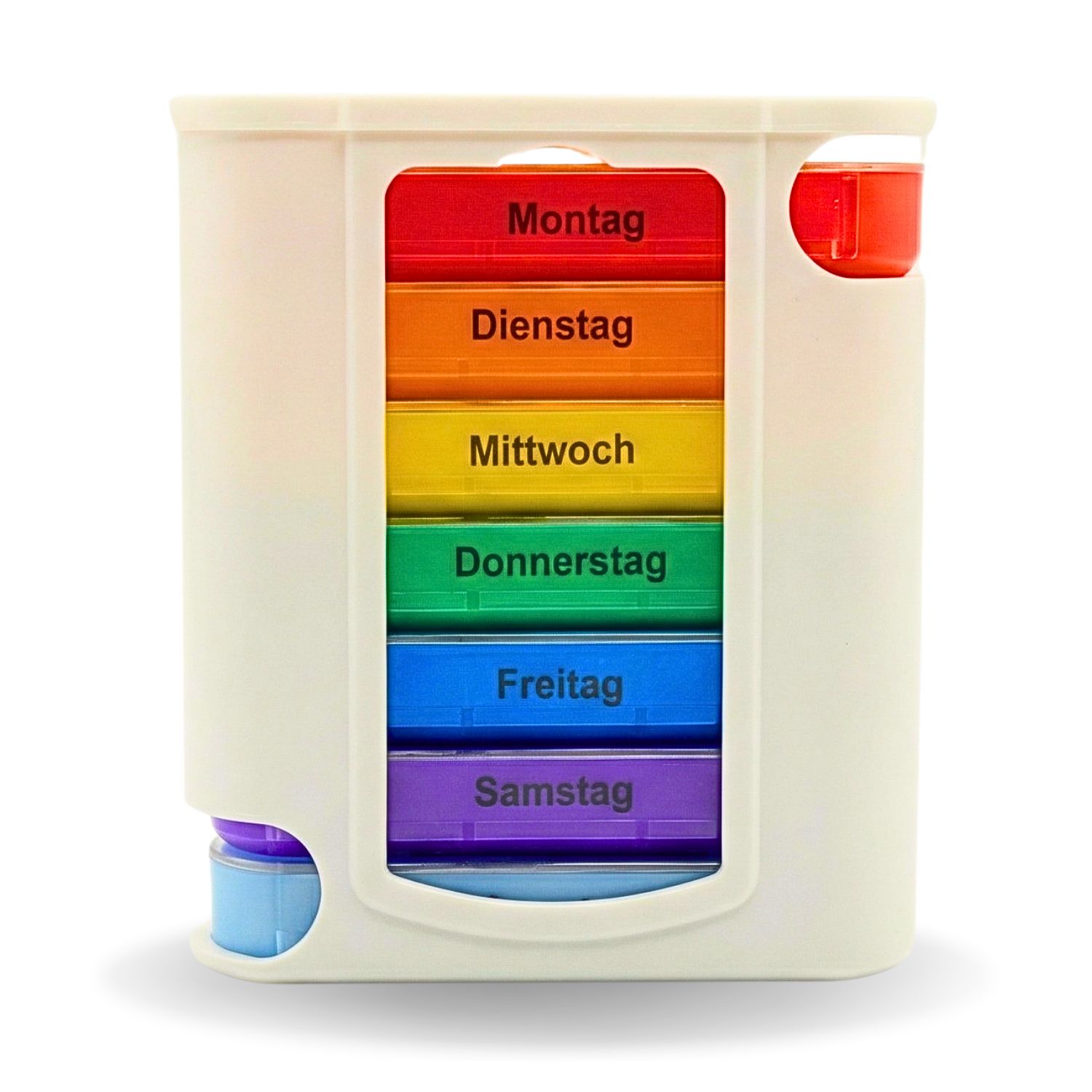 Tablettenbox, weiß, mit farbigen Fächern für Wochentage. Marke Frohbach Vital Care.