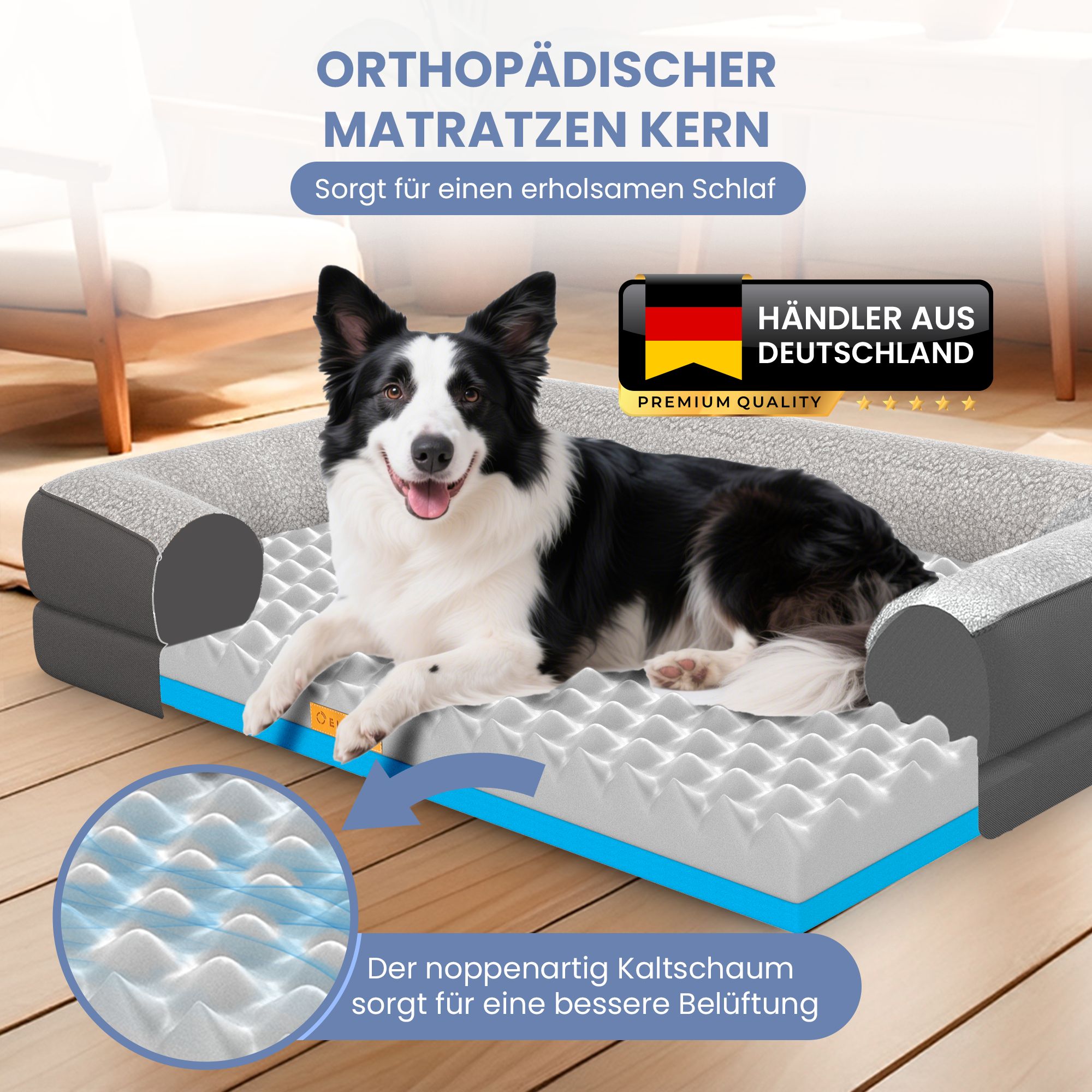 Orthopädisches Hundebett, grau. Mit Hund. Noppenartig Kaltschaum für bessere Belüftung. Händler aus Deutschland.