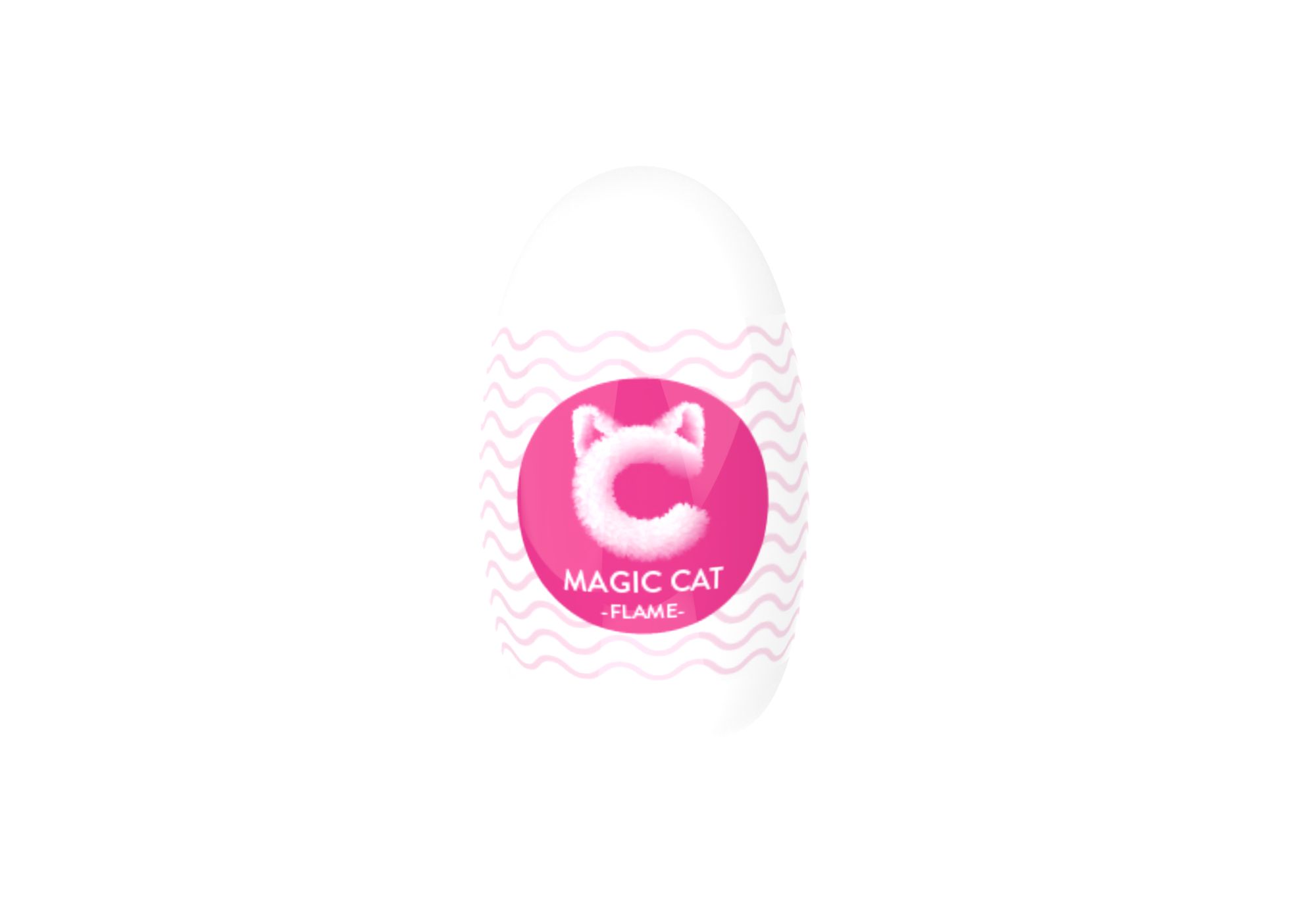 Weißes, ovales Produkt mit pinkfarbenem Kreis. Auf dem Kreis ist ein Katzenkopf-Logo und der Text "MAGIC CAT FLAME" zu sehen.