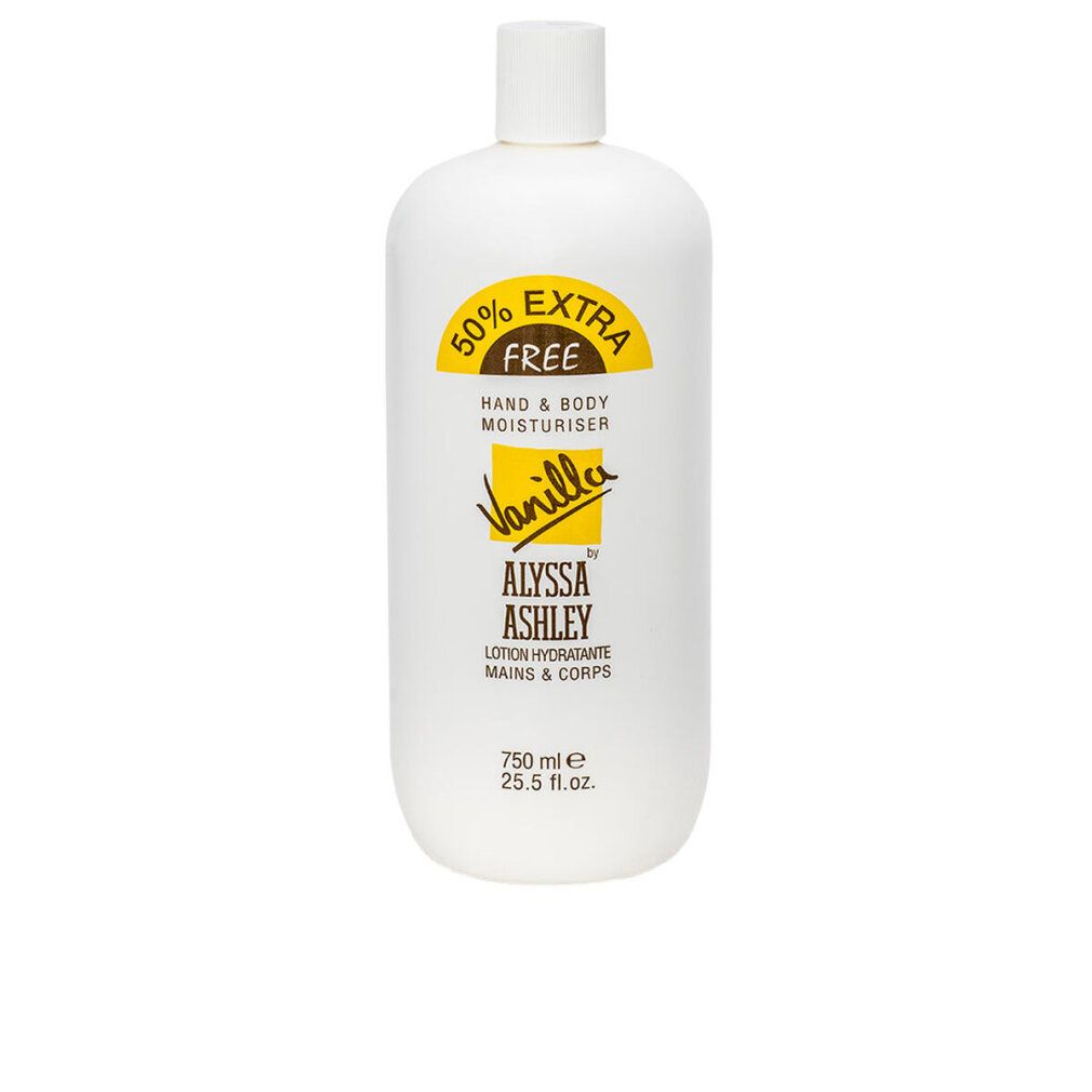 Weiße Flasche mit gelbem Etikett. Aufschrift: Alyssa Ashley Vanilla Hand & Body Moisturiser. 750 ml.