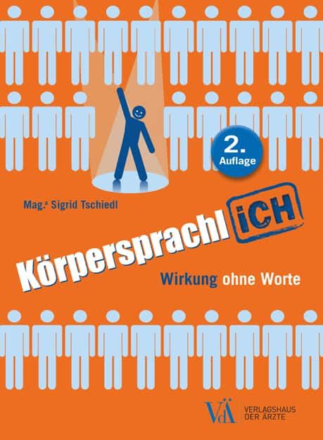 Buchcover mit orangefarbenem Hintergrund. Titel: Körpersprachlich. Eine Person hebt die Hand, umgeben von stilisierten Figuren. 2. Auflage.