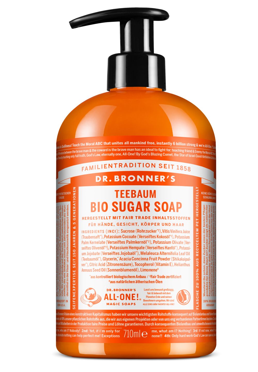 Dr. Bronner's Teebaum Bio Sugar Soap. Orangefarbene Flasche mit schwarzem Spender. Text: 710ml, Fair Trade.