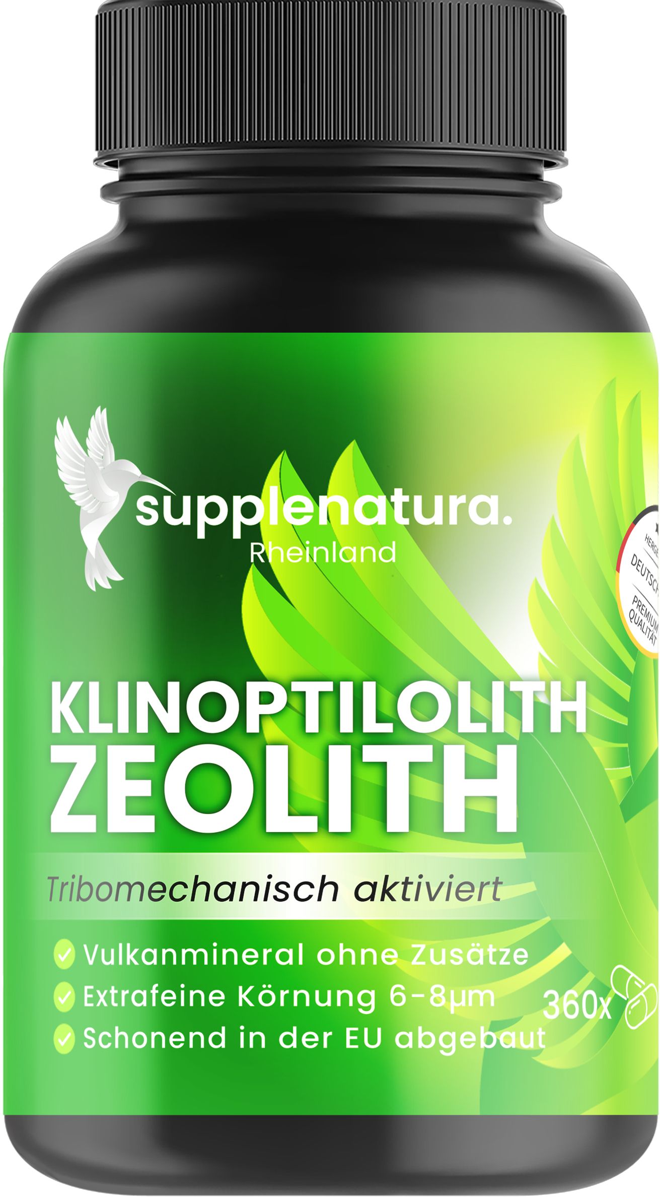 Braune Flasche mit grüner Beschriftung. Enthält Kapseln. Aufschrift: Klinoptilolith Zeolith, tribomechanisch aktiviert.