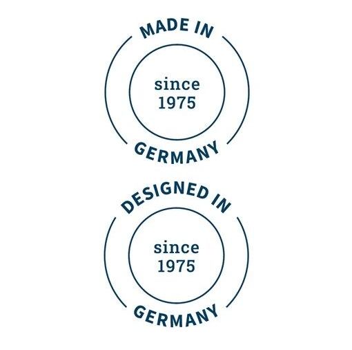Zwei runde Siegel mit Text: 'MADE IN GERMANY since 1975' und 'DESIGNED IN GERMANY since 1975'.