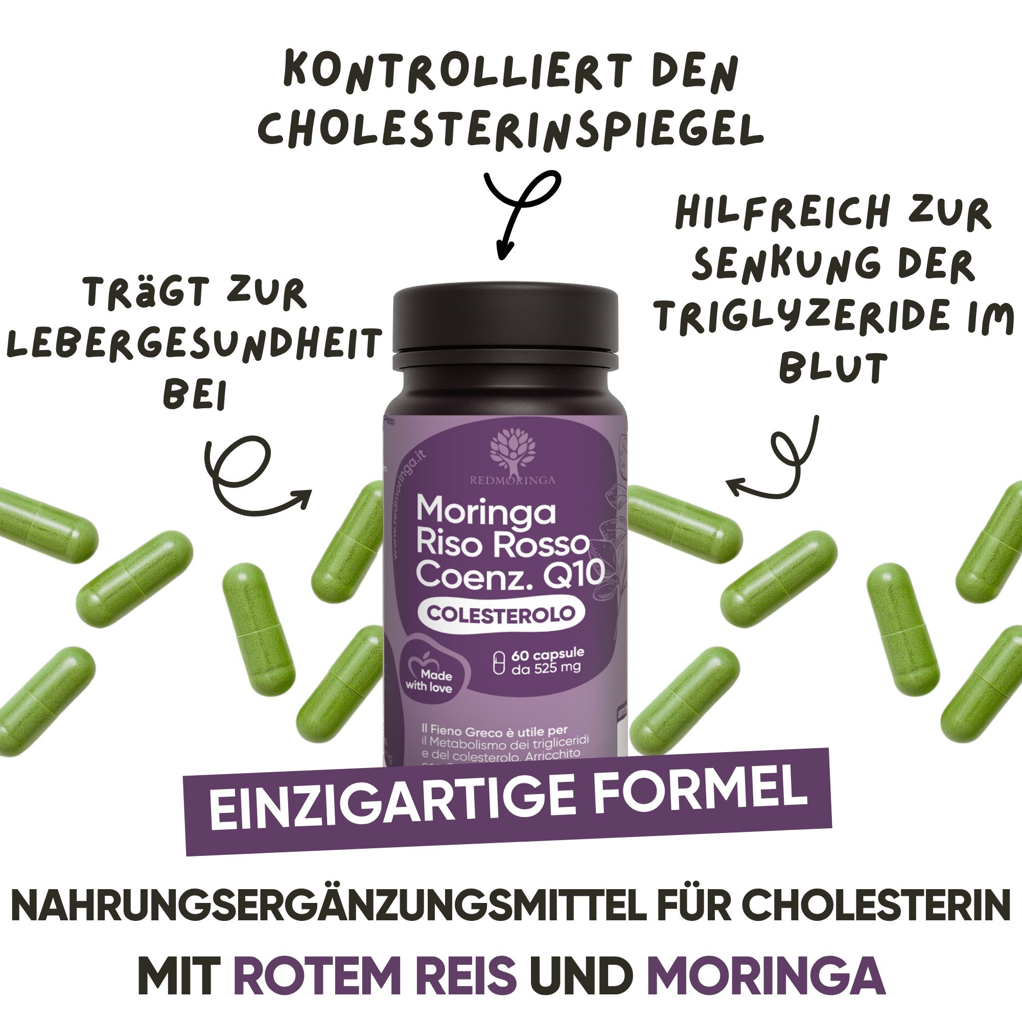Flasche mit Kapseln in lila Kreis. Moringa, Riso Rosso, Coenz Q10, Colesterolo.
