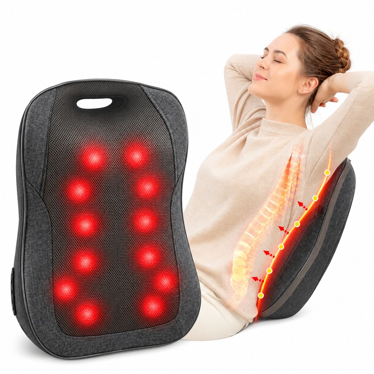 Bedienfeld für Massagekissen: Strom, Richtung, Intensität, Wärme.