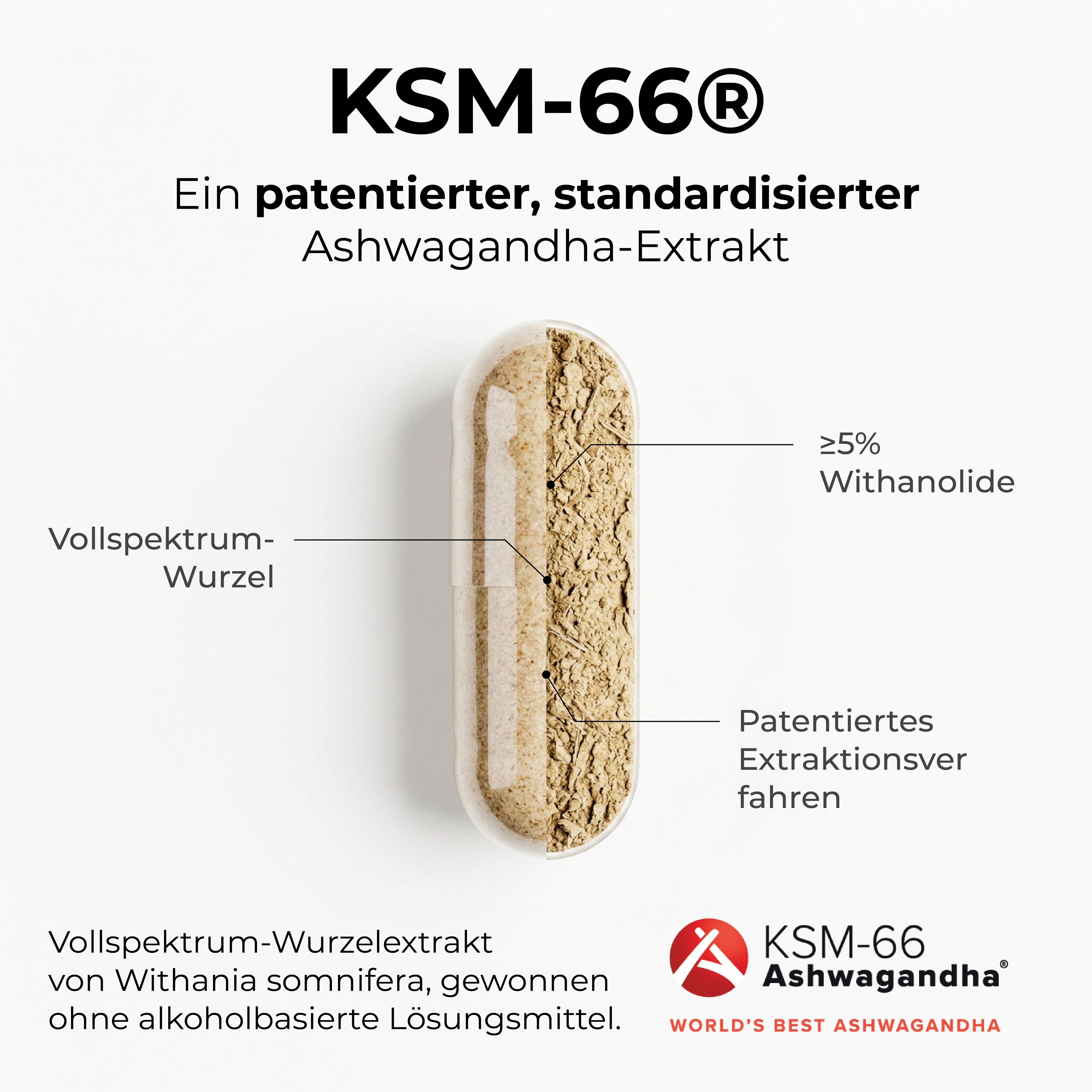 Detailansicht einer Kapsel mit Vollspektrum-Wurzelextrakt, die 5% Withanolide enthält. Patentiertes Extraktionsverfahren.