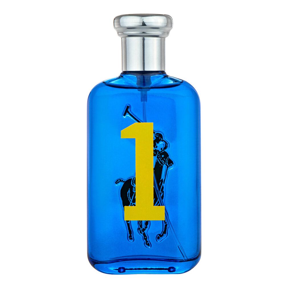Blaues Parfümflakon mit silbernem Verschluss. Gelbe "1" und Logo mit Reiter und Pferd.