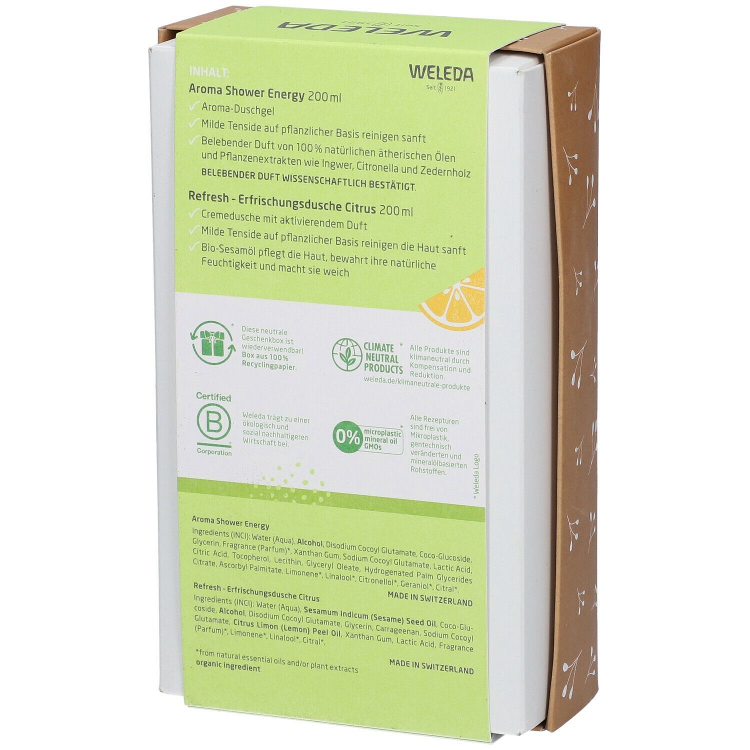 Rückseite des Weleda Geschenksets. Text: Aroma Shower Energy, Refresh Erfrischungsdusche Citrus. Bio-Zertifizierung. Hergestellt in der Schweiz.