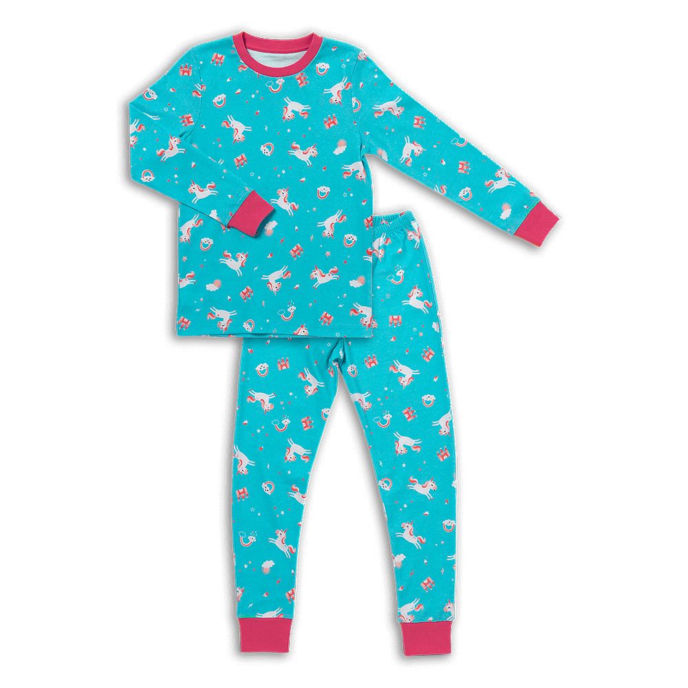 Zweiteiliger Pyjama, blau mit Einhorn-Muster. Langarmshirt und Hose mit rosa Bündchen.