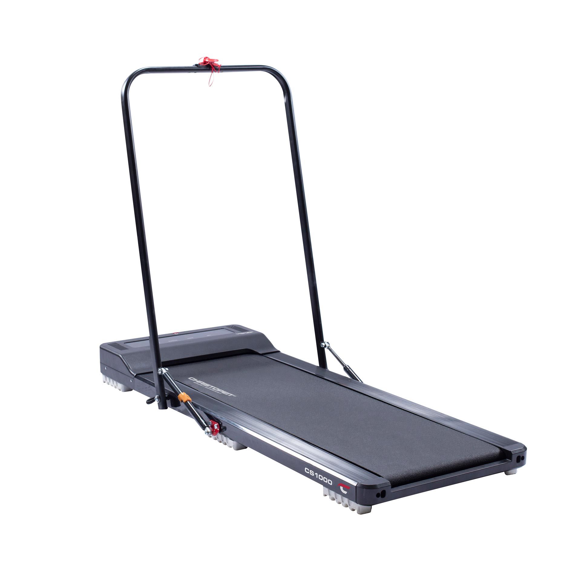 Schwarzes Laufband mit Haltegriff. CHRISTOPEIT SPORT CS 1000. Schwarze Lauffläche. Rote Akzente.