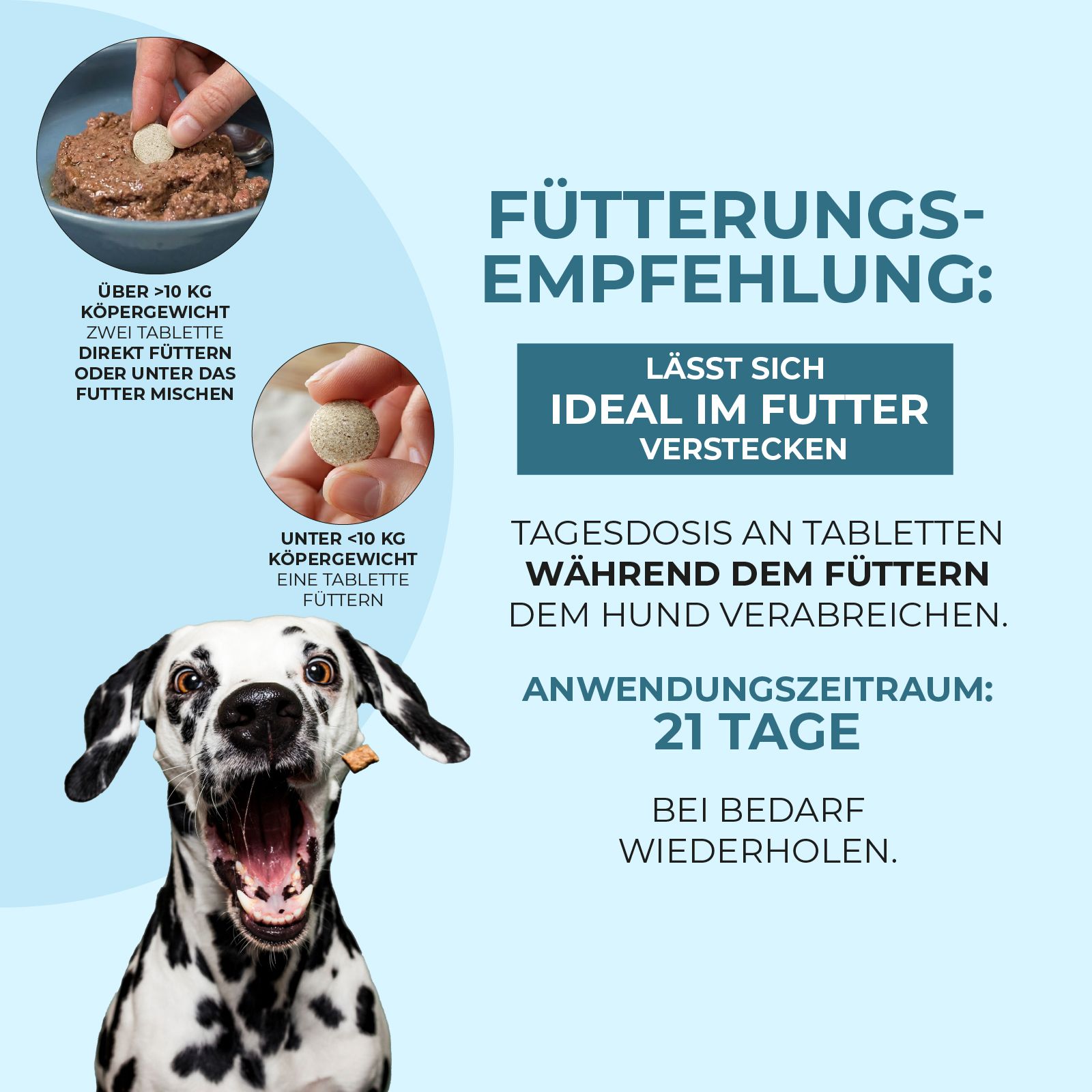 Fütterungsempfehlung: Tabletten im Futter verstecken. Abbildung: Hund, Tabletten in Futter. Text: Anwendungzeitraum: 21 Tage.