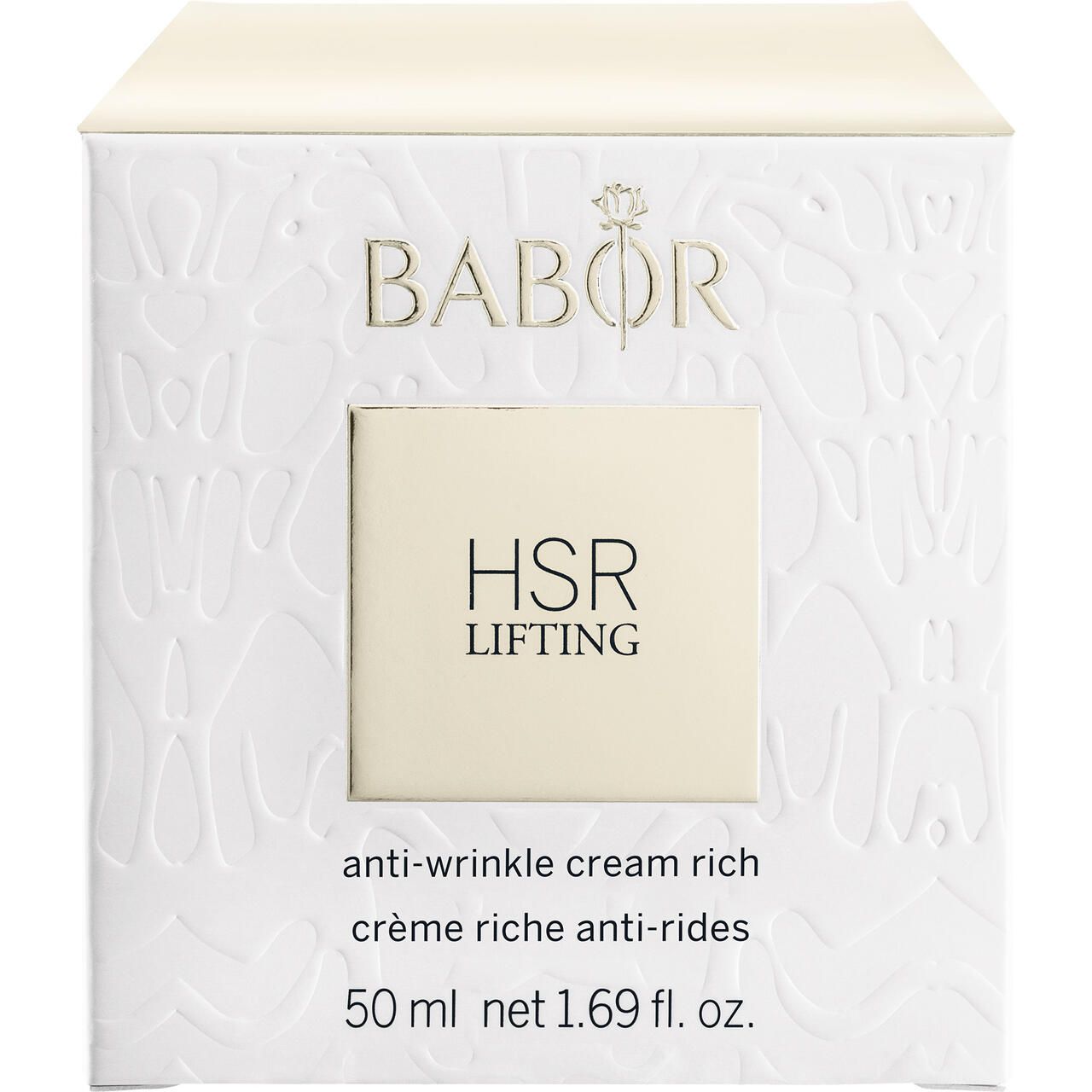 Weiße Verpackung mit geprägtem Muster. Aufschrift: Babor, HSR LIFTING, anti-wrinkle cream rich, 50 ml.