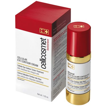 Zwei Behälter: eine rote und goldene Augencreme-Flasche und eine rote und weiße Schachtel. Auf der Schachtel steht "Cellcosmet".