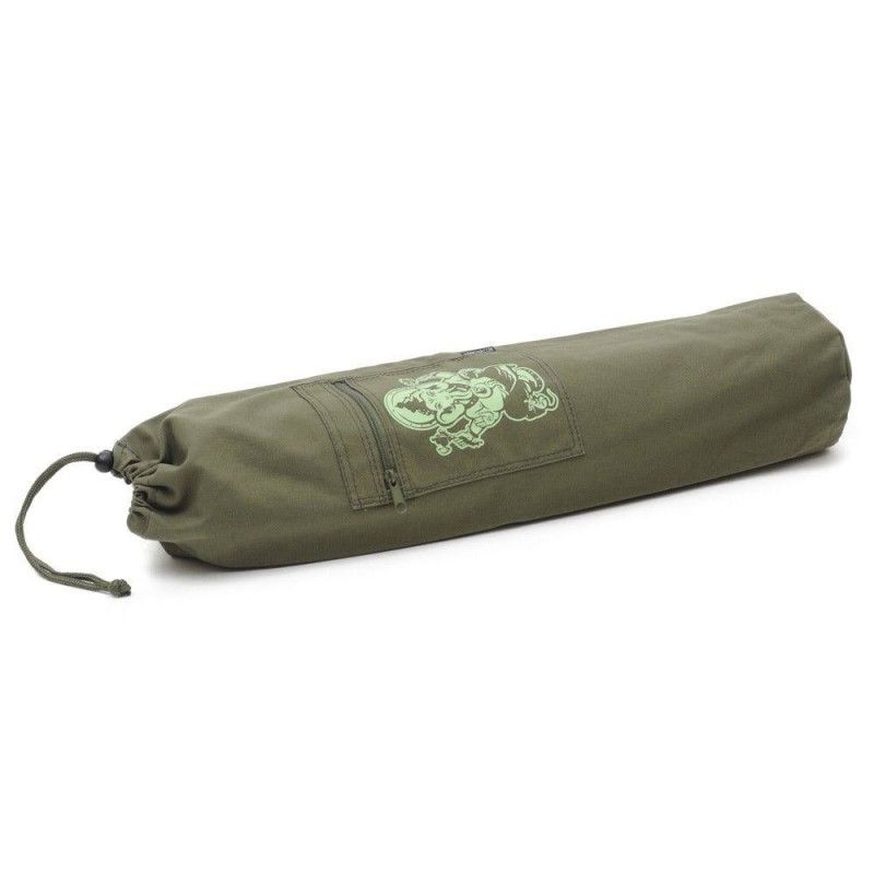 Grüne Yogatasche mit Ganesha-Aufdruck. Zylindrische Form, Kordelzugverschluss, Reißverschlusstasche.