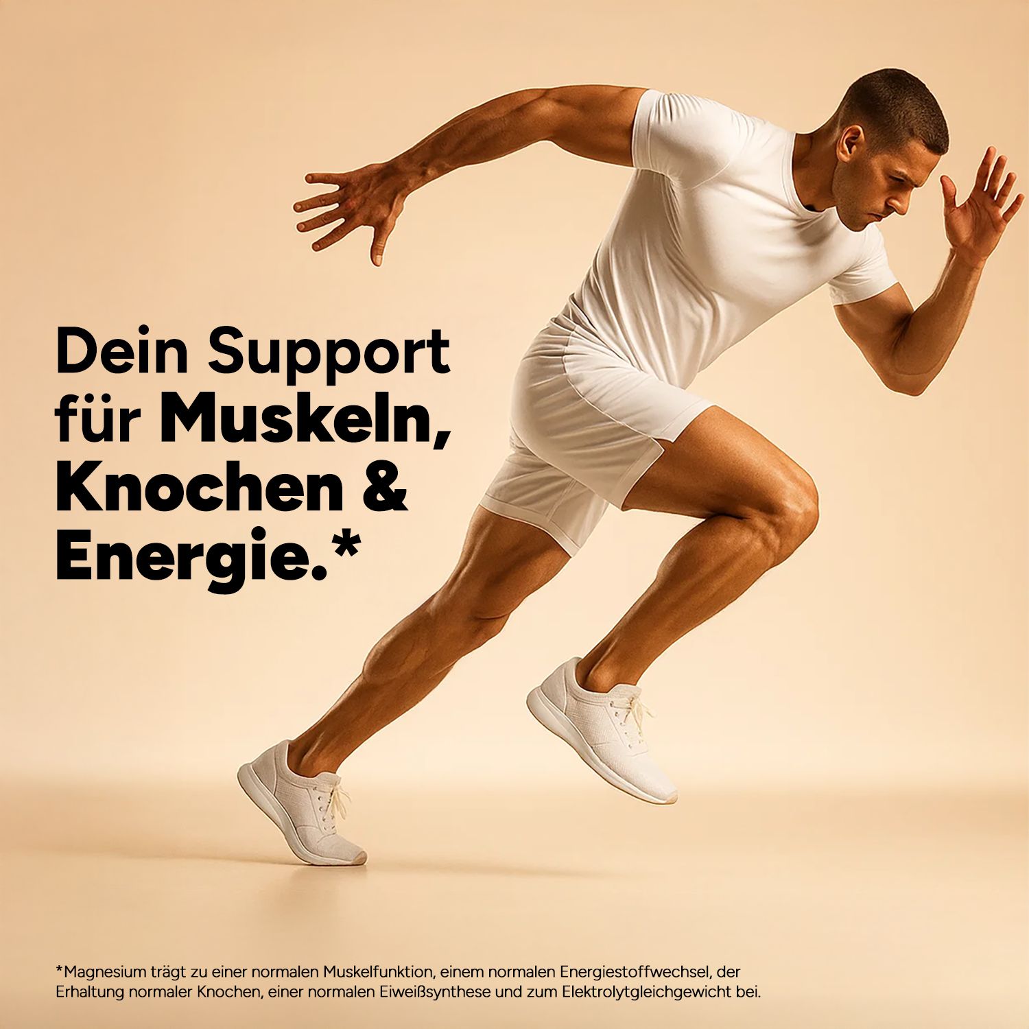 Mann rennt. Text: Dein Support für Muskeln, Knochen & Energie. *Magnesium trägt zu...*. Weißes T-Shirt und Shorts.