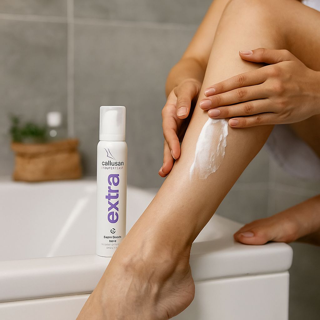 Eine weiße Sprühdose mit lila Schriftzug "extra" und "callusan". Eine Person trägt Creme auf ein Bein auf.