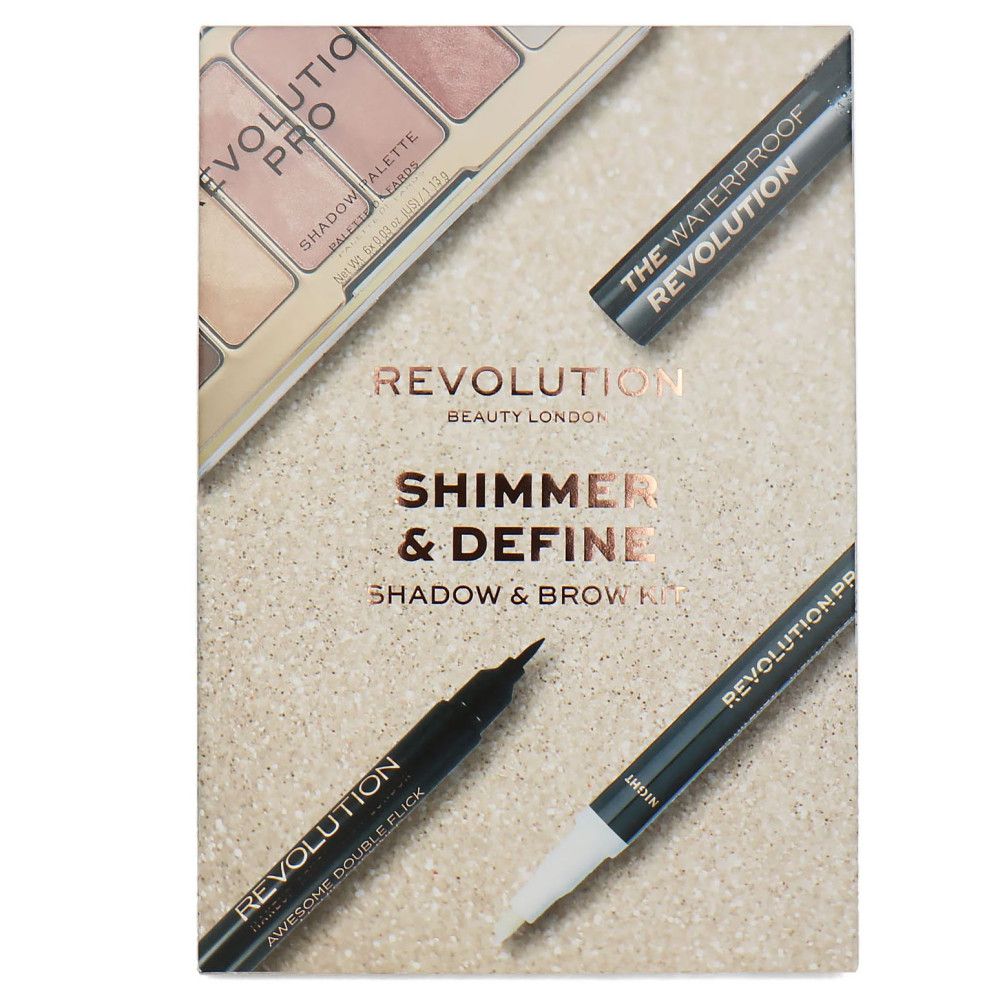 Makeup Revolution Shimmer & Define Set: Lidschattenpalette, Mascara, Eyeliner und Augenbrauenstift.