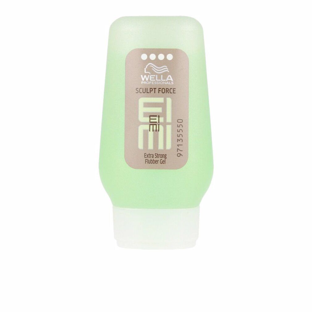Grüne Flasche Wella Eimi Sculp Force Gel. Aufschrift: Sculp Force, Eimi, Extra Strong Flubber Gel. Weiße Kappe.