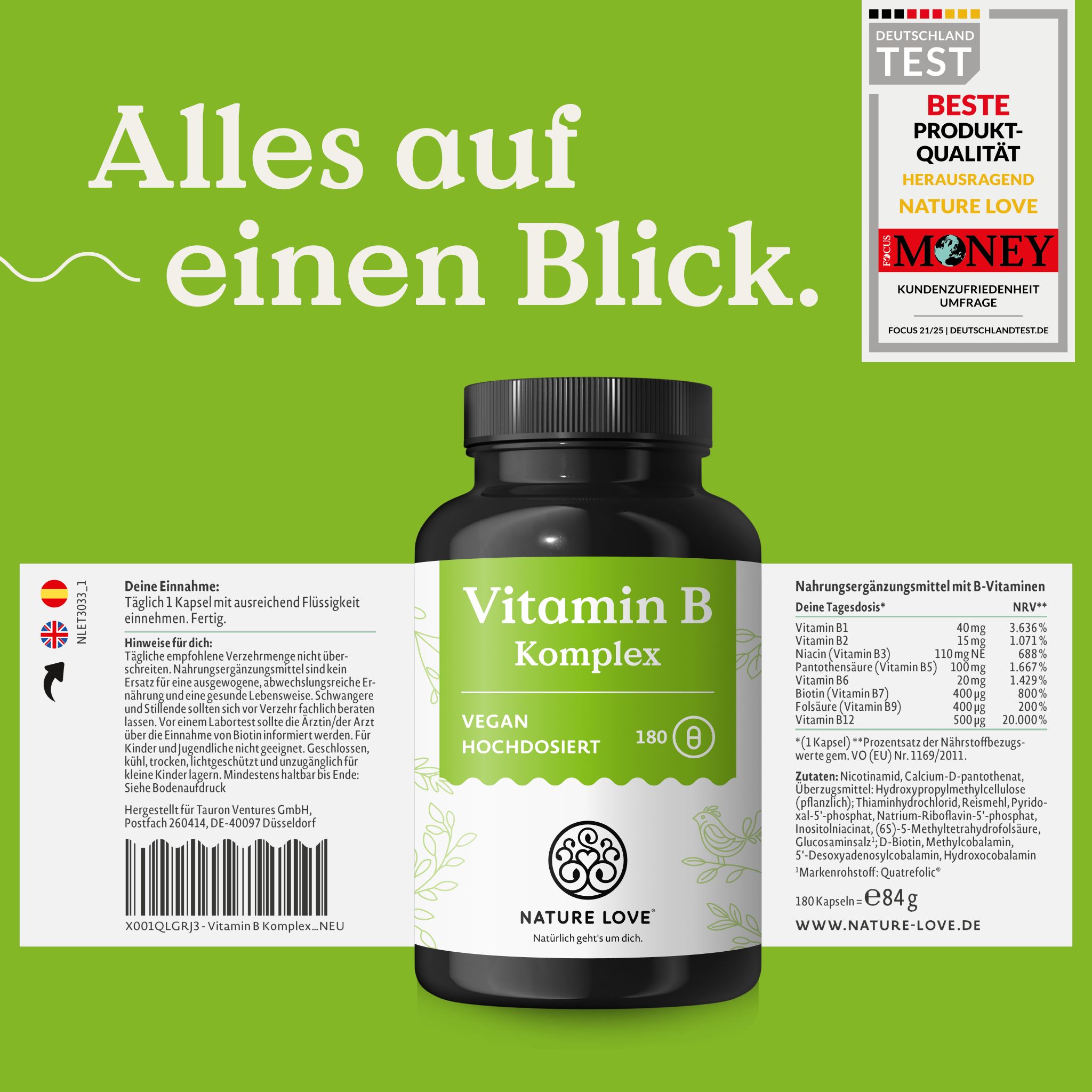 NATURE LOVE® Vitamin B Komplex Flasche mit Nährwertangaben und Siegeln in mehreren Sprachen.