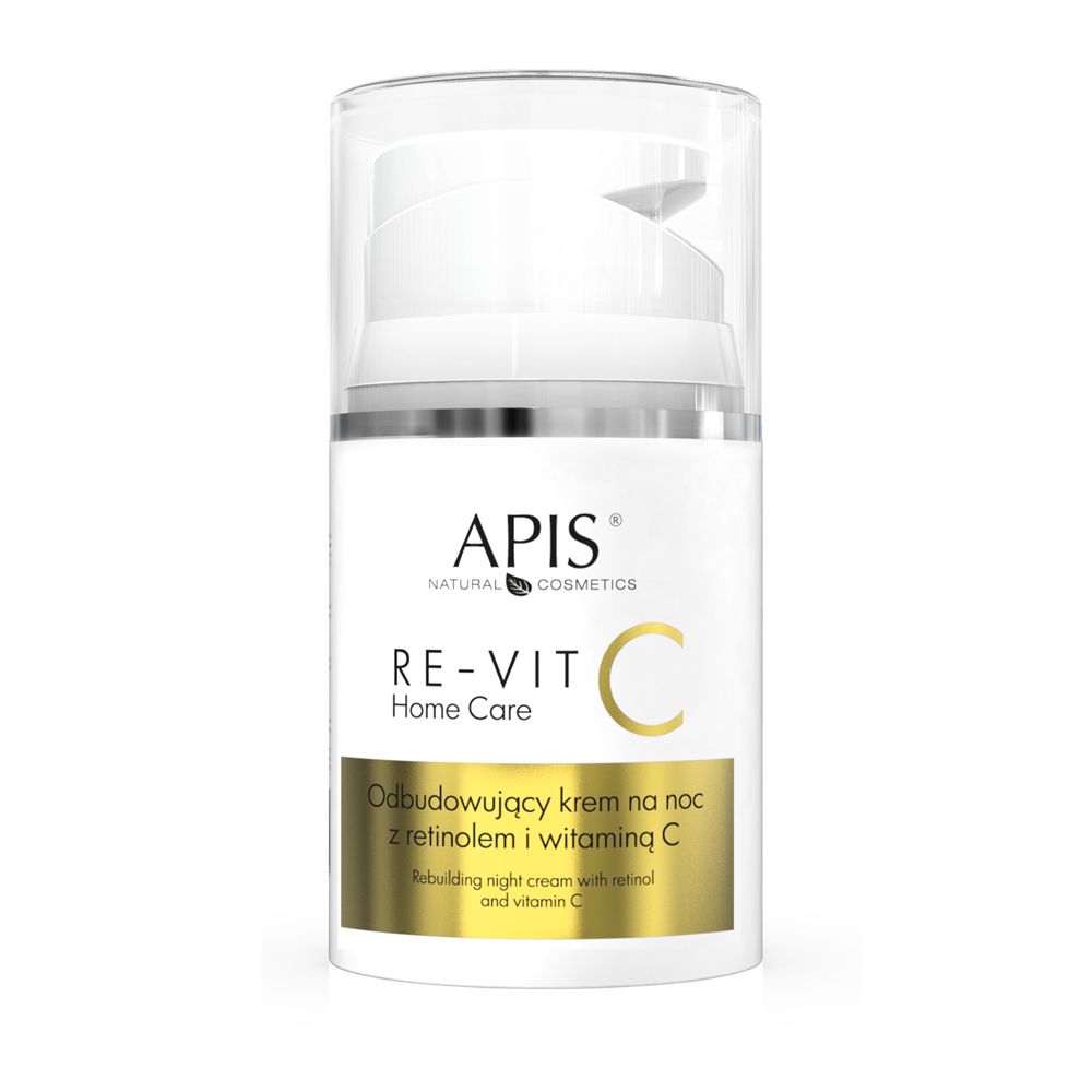 Creme-Spender mit weißem Gehäuse, transparentem Deckel und silbernem Ring. Aufschrift: APIS RE-VIT C Home Care.
