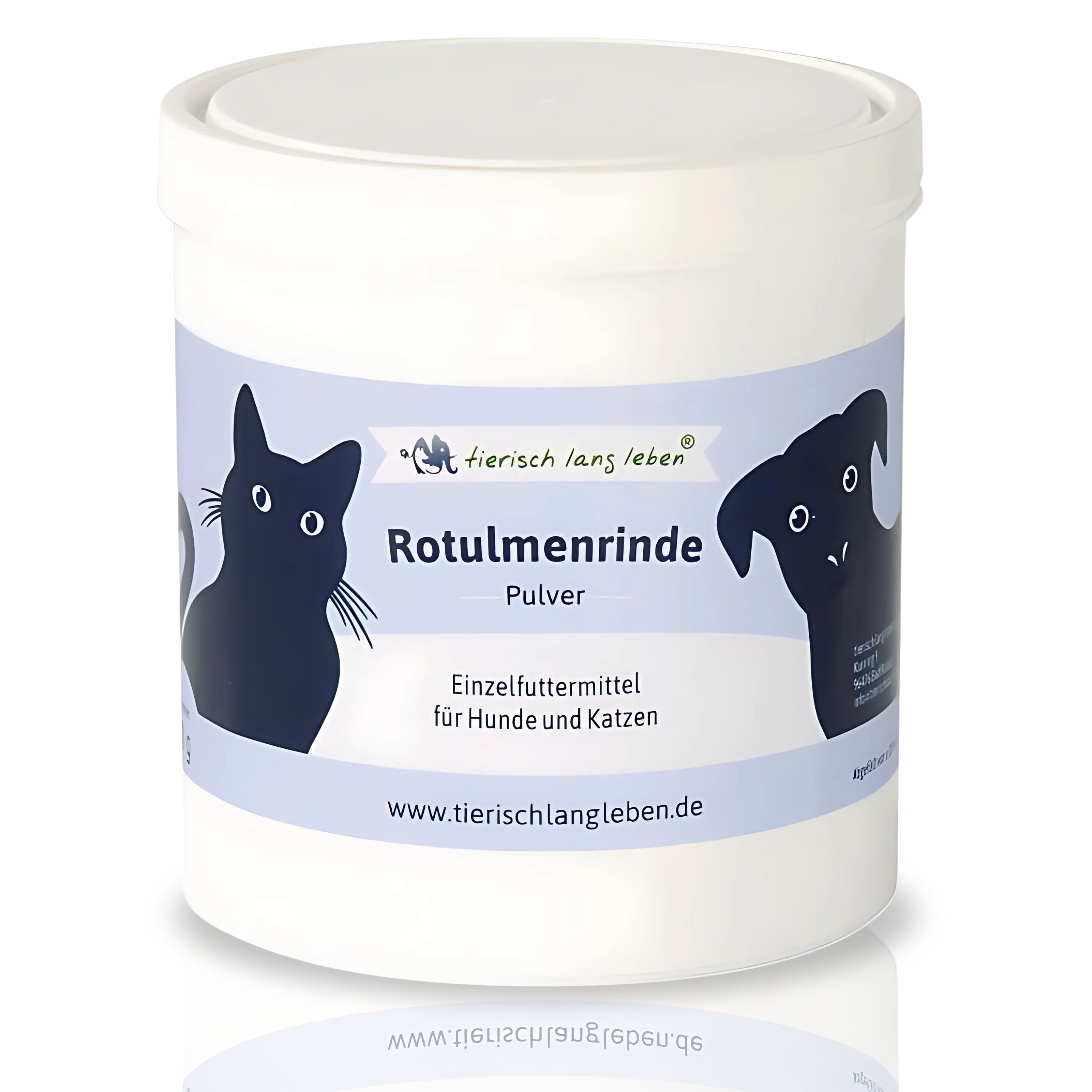 Weißer Behälter mit blauem Etikett. Darauf: Katze, Hund, Schriftzug Rotulmenrinde Pulver, Einzel-Futtermittel.