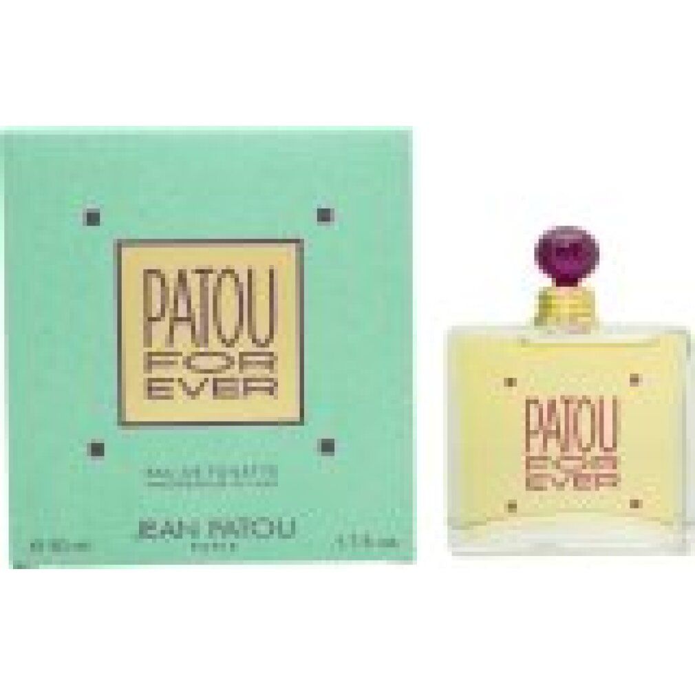 Türkisgrüne Schachtel und rechteckige Flasche. Auf beiden: PATOU FOR EVER. Flasche mit lila Kappe. Text: Eau de Toilette, Jean Patou Paris.
