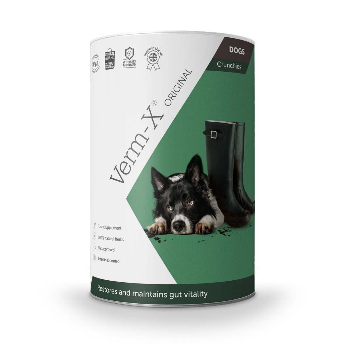 Zylindrische Dose mit Leckerlis. Aufschrift: Verm-X Original. Enthält Kräuter. Für Hunde. Mit Hund und Gummistiefeln.