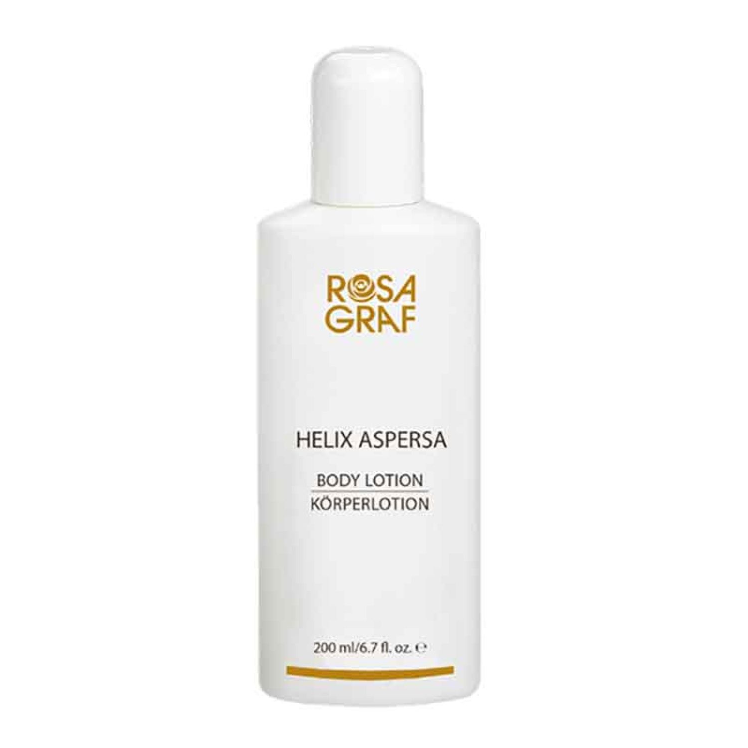 Weiße Flasche mit weißem Deckel. Aufschrift: Rosa Graf, Helix Aspersa Body Lotion, Körperlotion. Goldener Streifen am Boden.