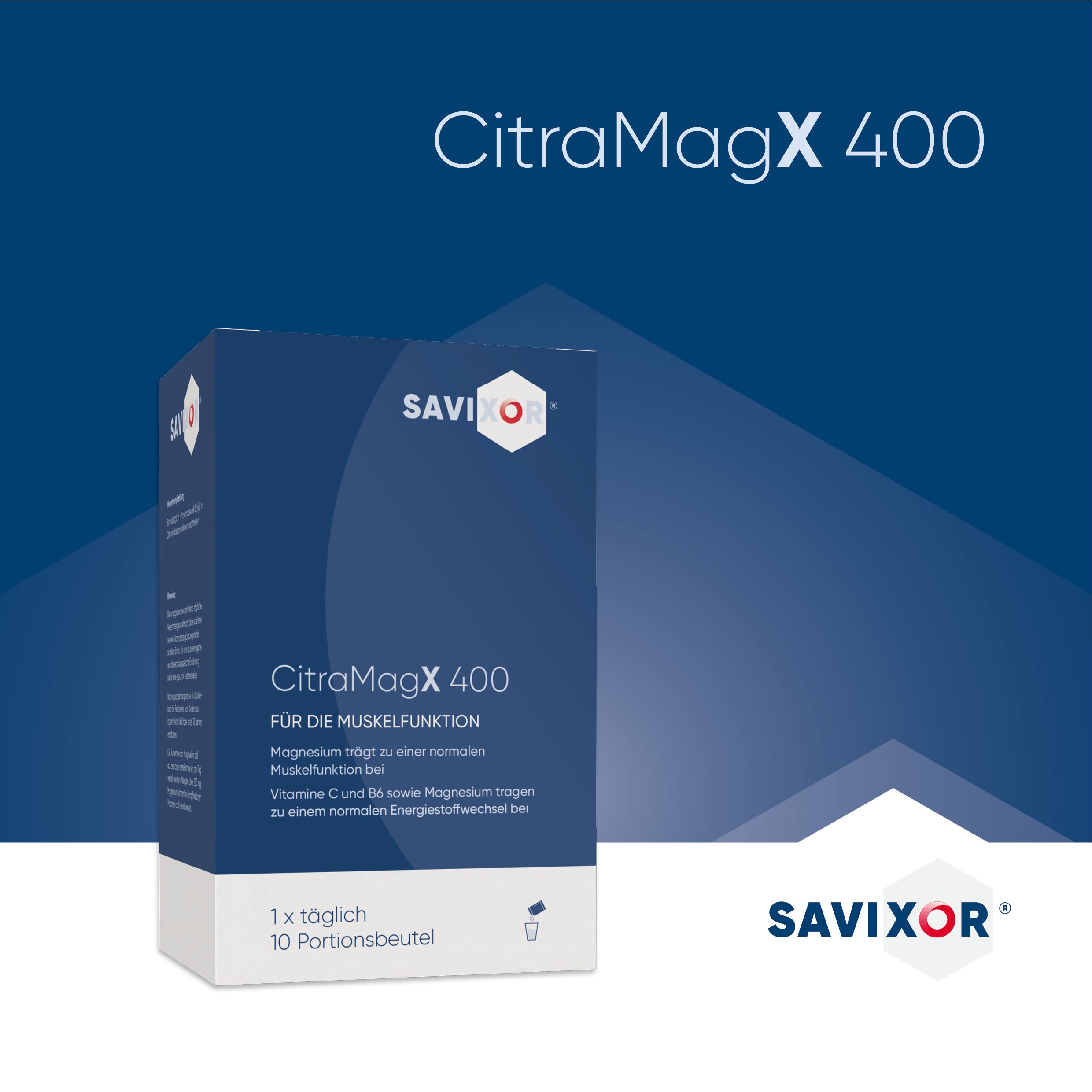 Savixor CitraMagX 400, Packung. Blaue Verpackung mit Produktnamen und Logo. Marke Savixor. Für die Muskelfunktion.
