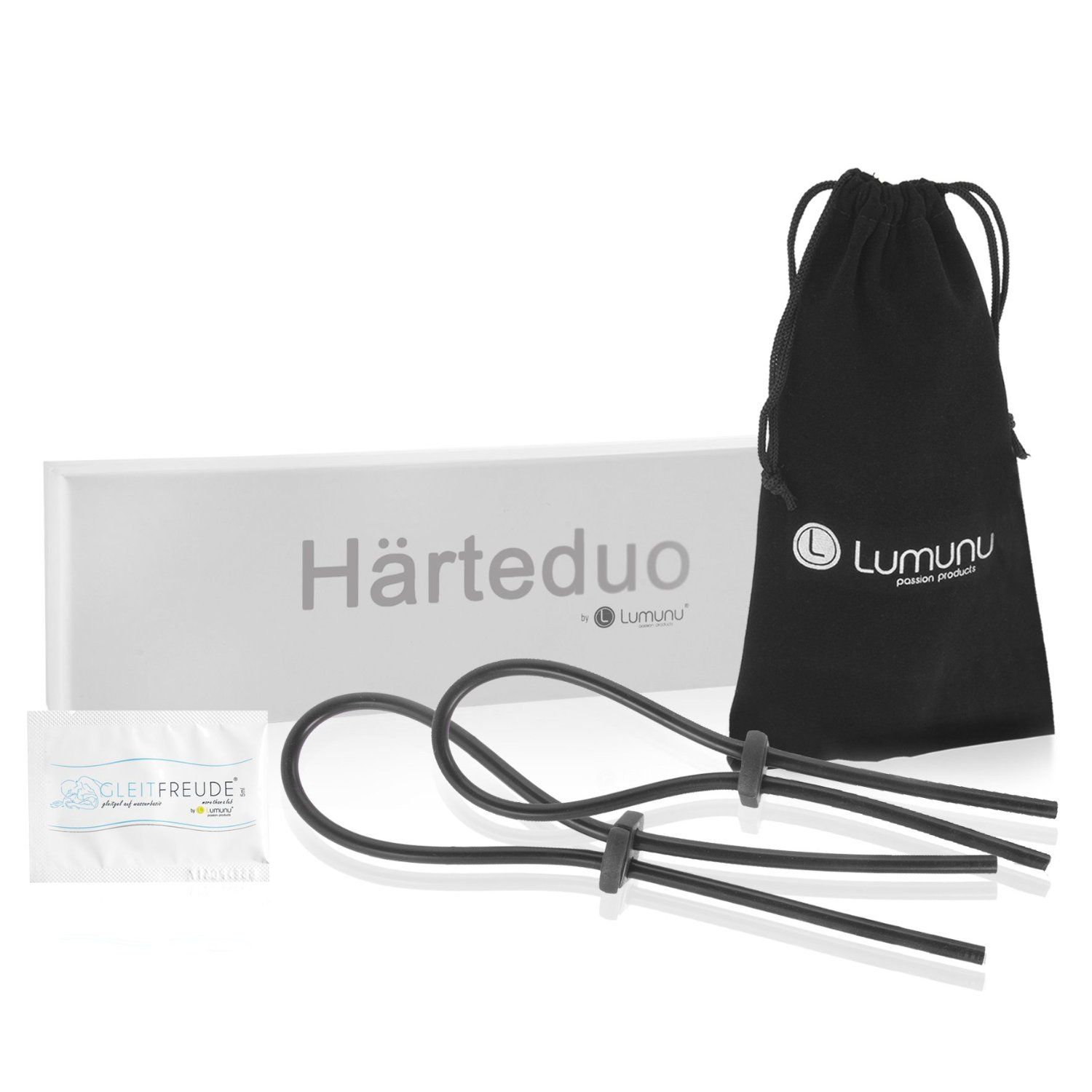 Produktverpackung mit zwei Penisringen, Beutel, Feuchttücher und Box. Schriftzug: Härteduo, Lumunu.