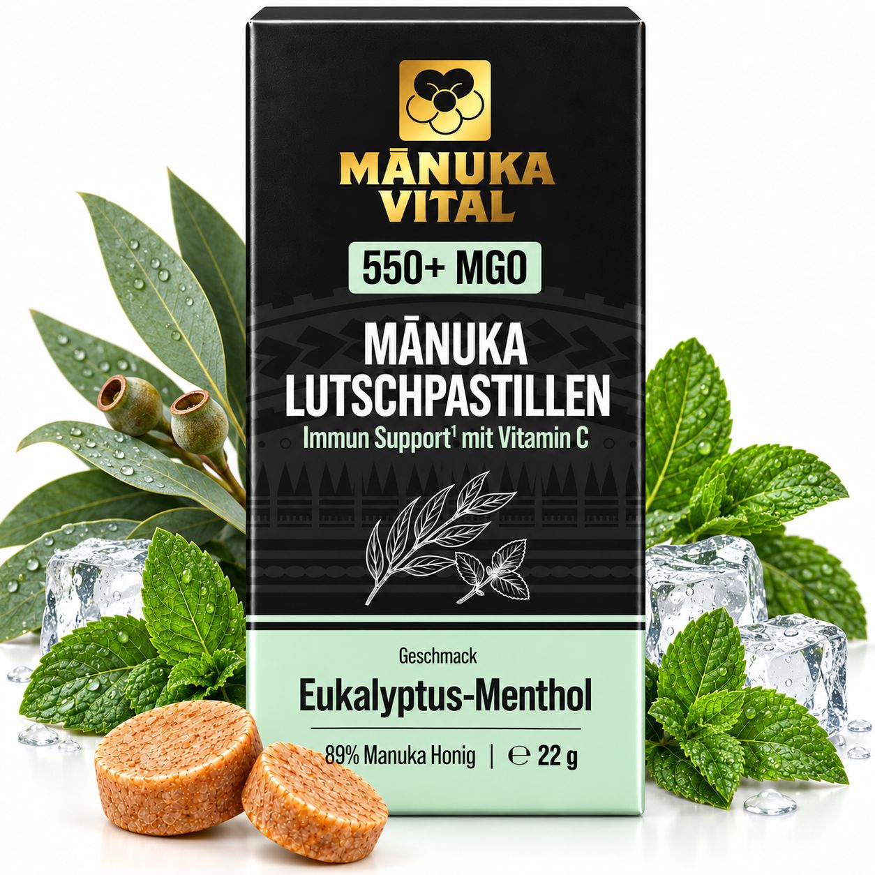 Manuka Vital Manuka Lutschpastillen MGO 550+ mit Eukalyptus-Menthol & Vitamin C