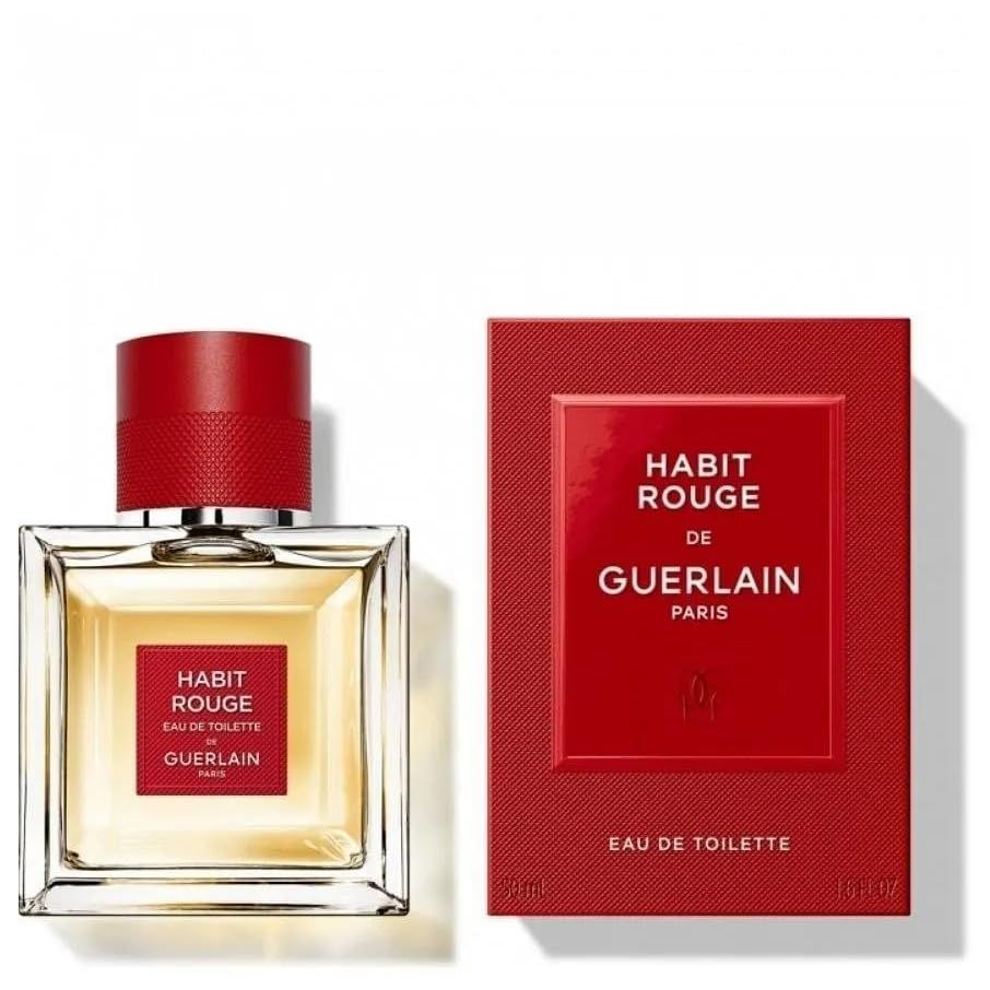 Parfümflakon und Schachtel. Flakon quadratisch, mit rotem Verschluss. Schachtel rot mit "HABIT ROUGE DE GUERLAIN".