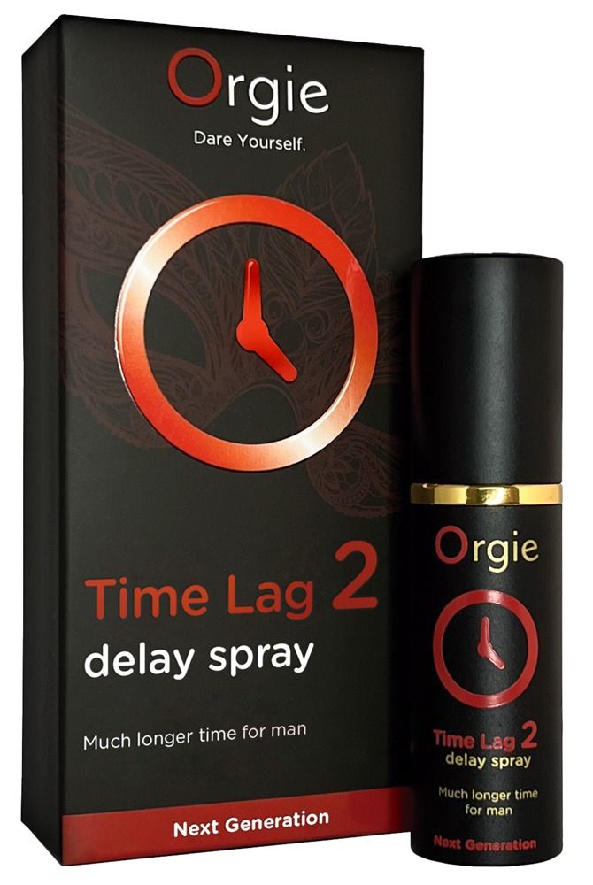 Schwarze Flasche und Verpackung. Produktname und Logo. Roter Kreis mit Uhr. Text: Time Lag 2 delay spray. Viel längere Zeit für den Mann.
