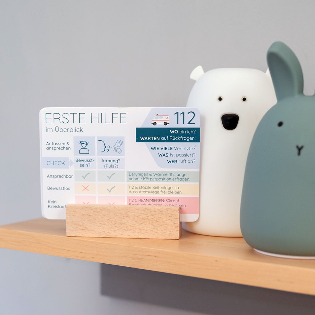 Erste-Hilfe-Karte 'Erste Hilfe im Überblick' auf einem Holzständer, mit Spielzeug im Hintergrund.