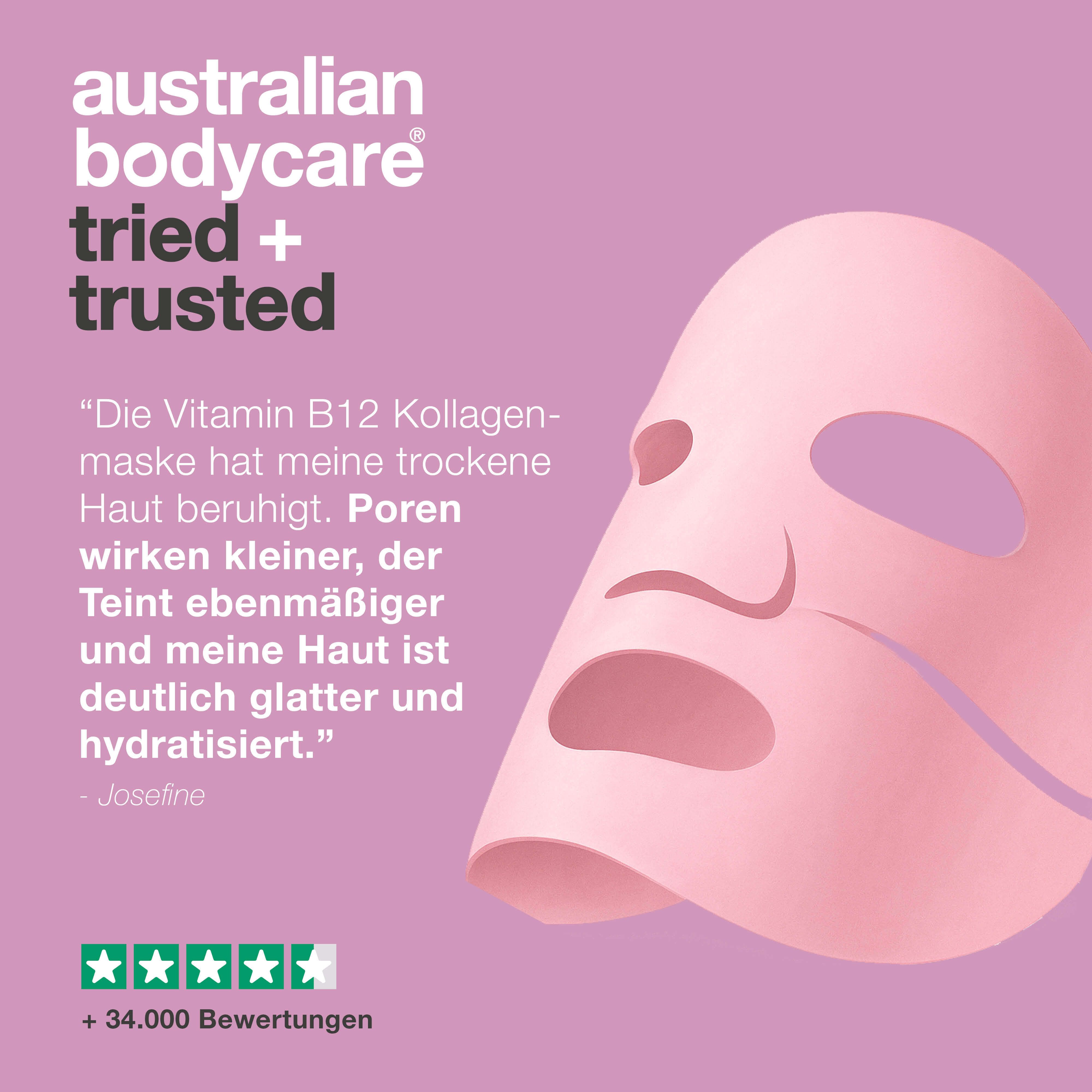 Rosa Maske. Text: Australian Bodycare, Problem gelöst, hydratisiert, glättet, reduziert Poren, macht weich.