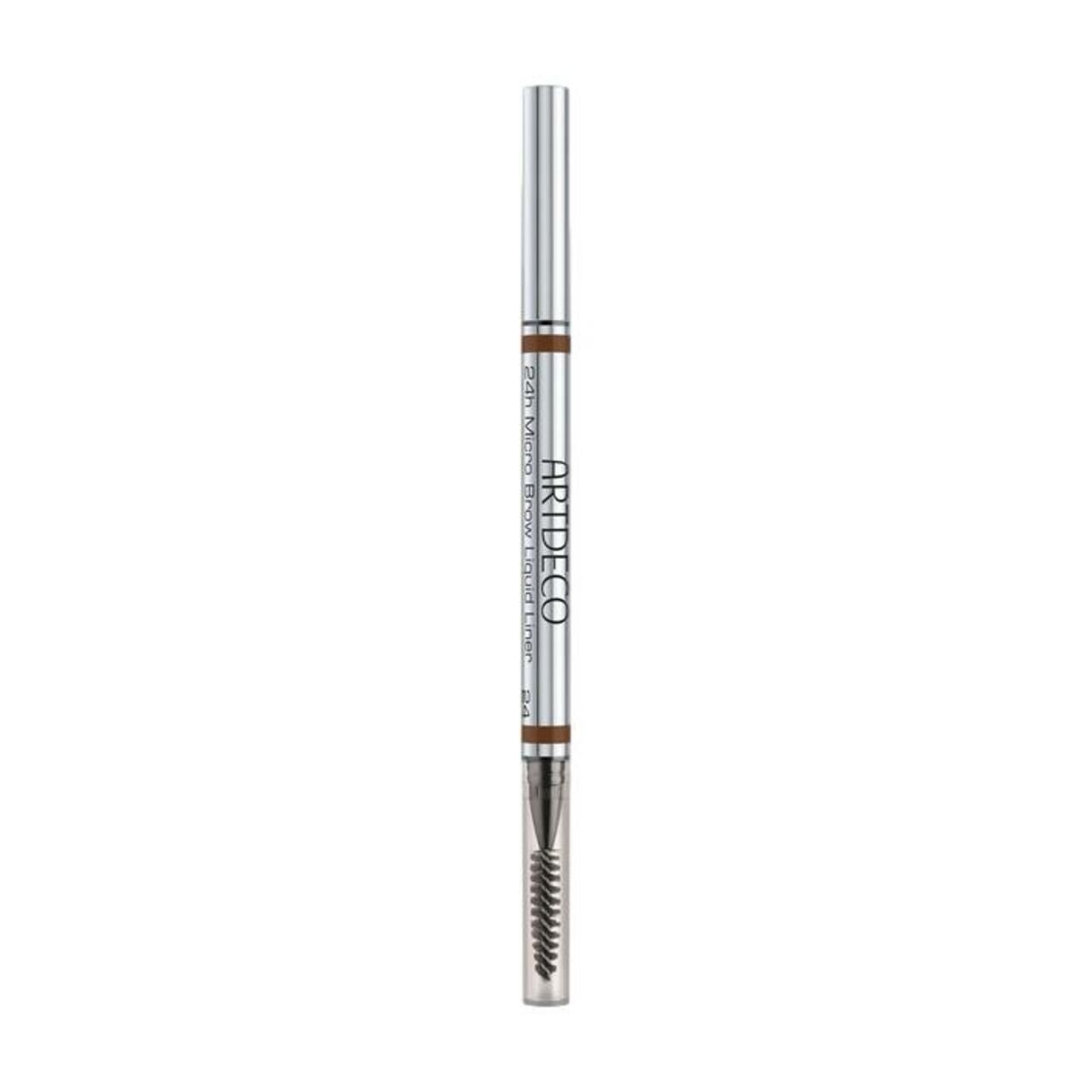 Stift mit Bürste. Silberfarbener Stift mit brauner Mine und Bürste. Aufschrift: Artdeco, 24h Micro Brow L.L.W. Brush.