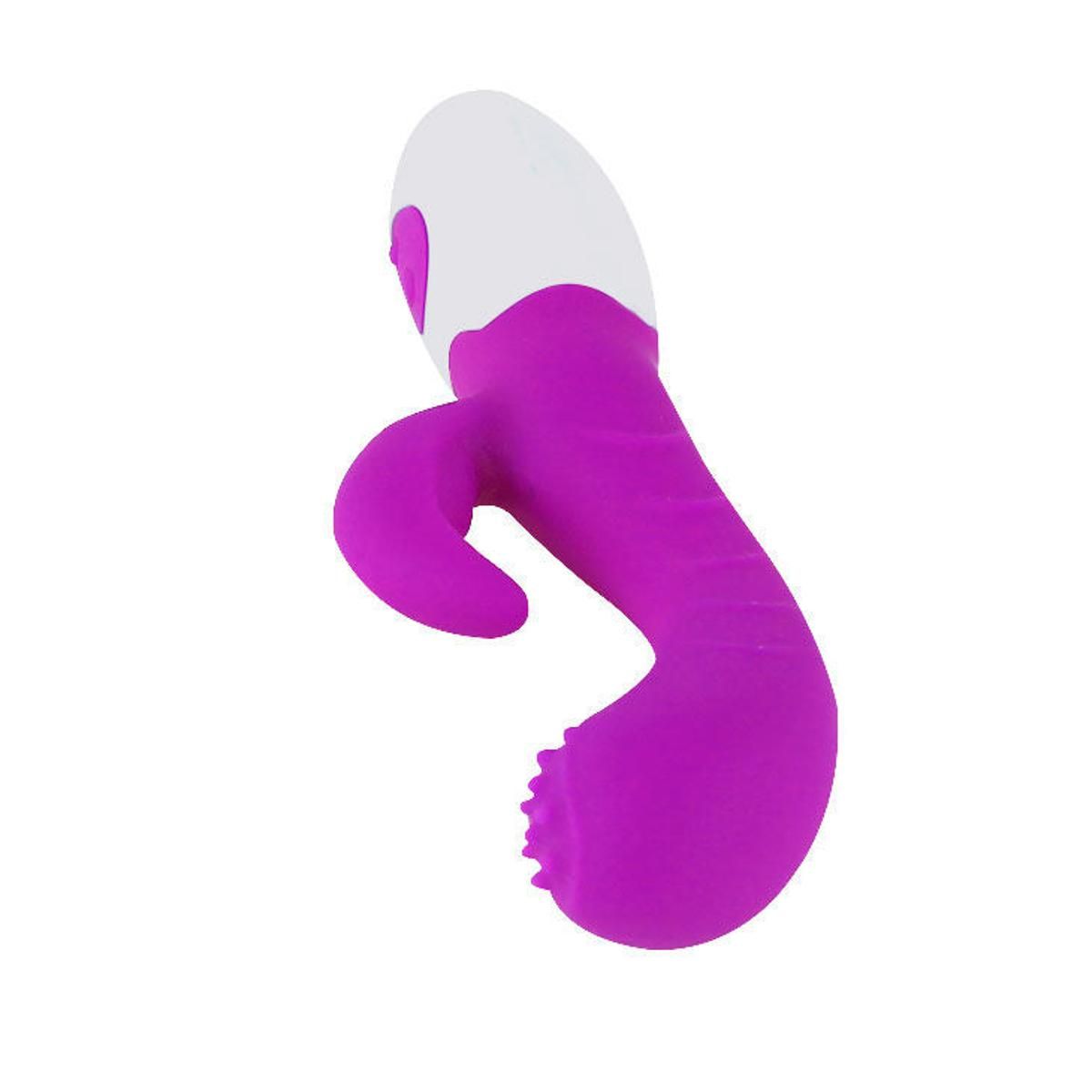 Lila-weißer Vibrator mit gebogener Form und Hasenohren. Knöpfe am Griff. Noppen am Kopf.