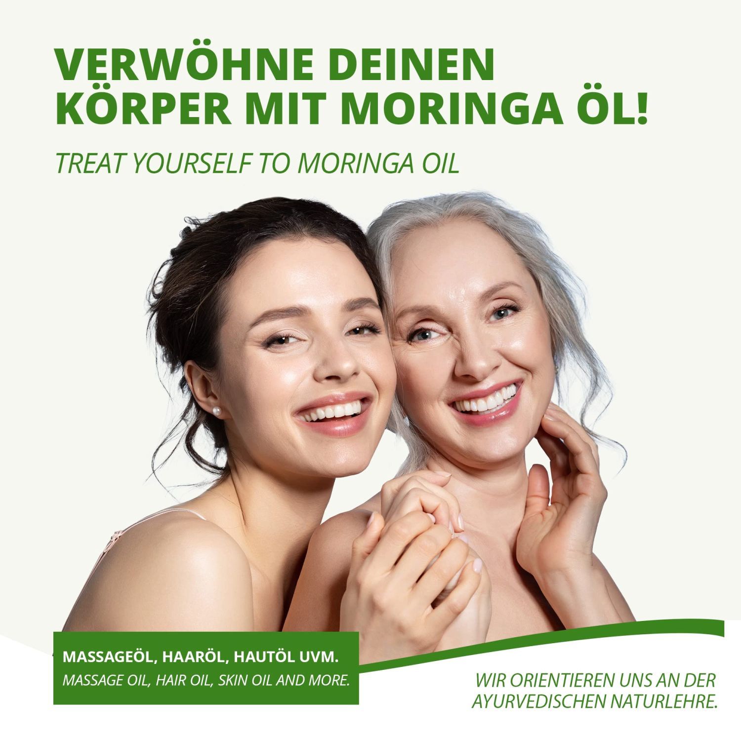 Zwei Frauen lächeln. Text: VERWÖHNE DEINEN KÖRPER MIT MORINGA ÖL! Massageöl, Haaröl, Hautöl uvm.