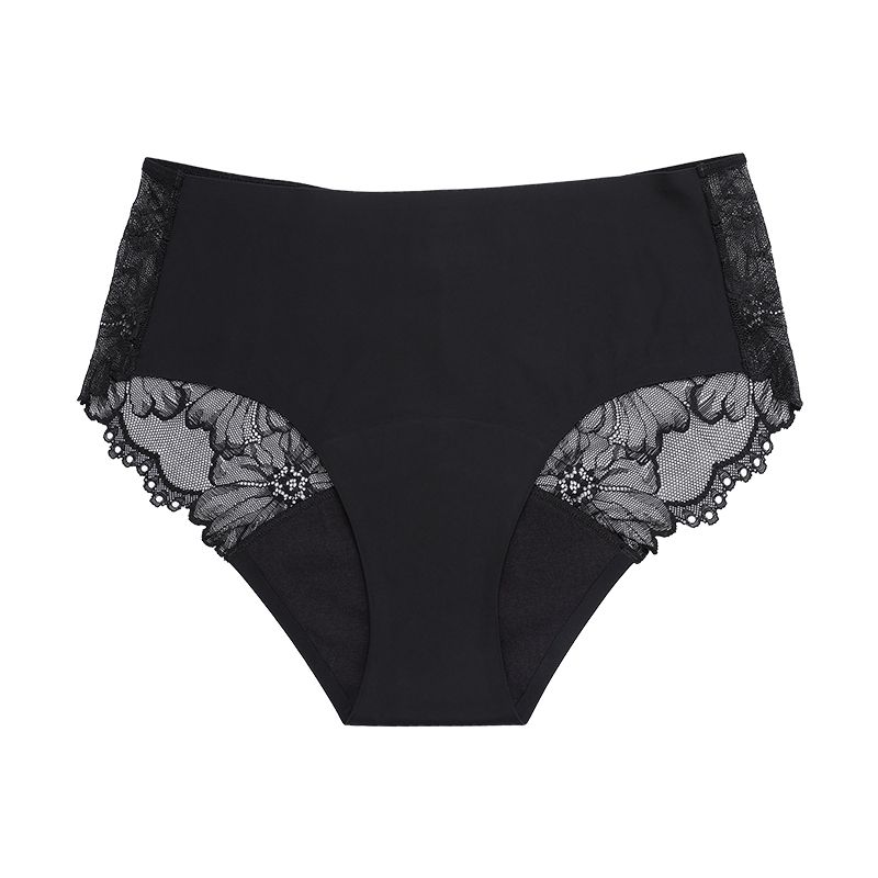 Schwarze Periodenunterhose mit floraler Spitze an den Seiten. Hoher Bund, vollständige Abdeckung.