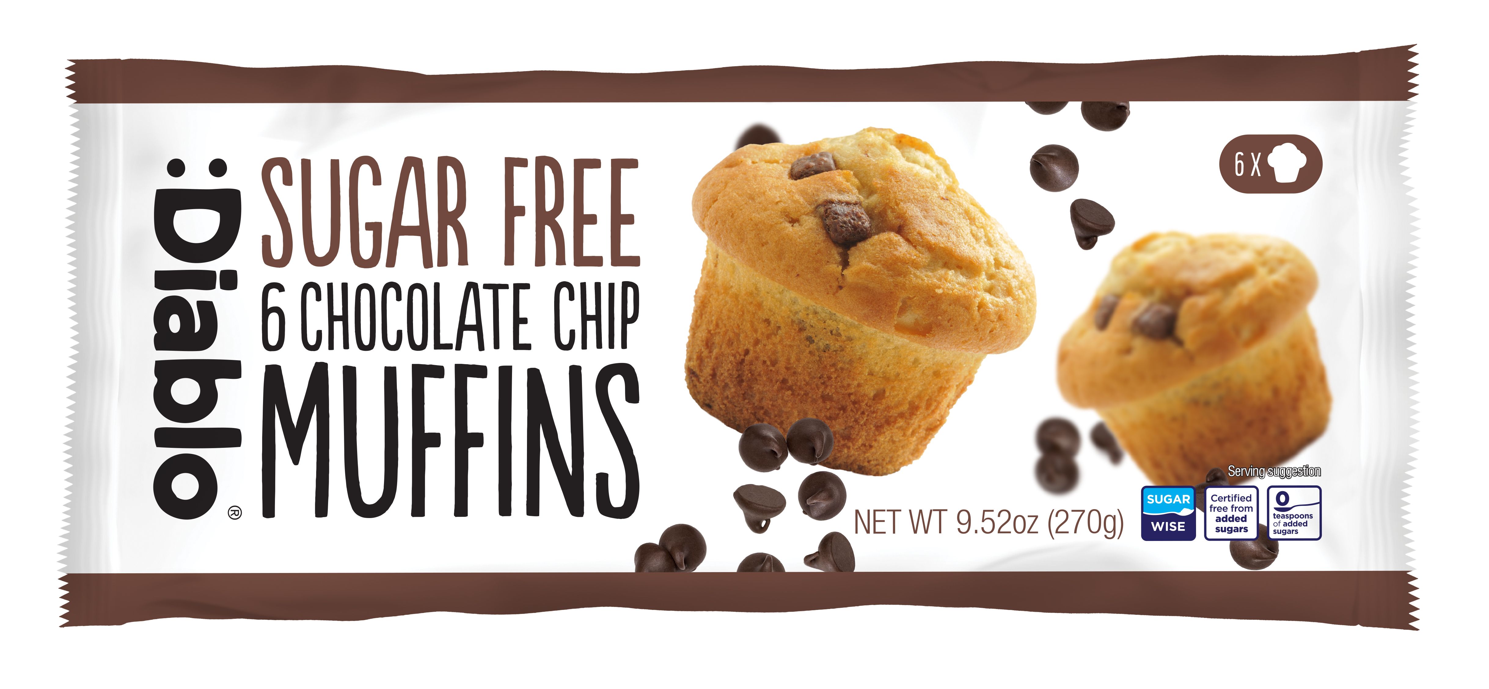 Verpackung mit 6 zuckerfreien Schoko-Muffins. Braune Verpackung mit Produktnamen und Muffins-Abbildung. Netto 270g.