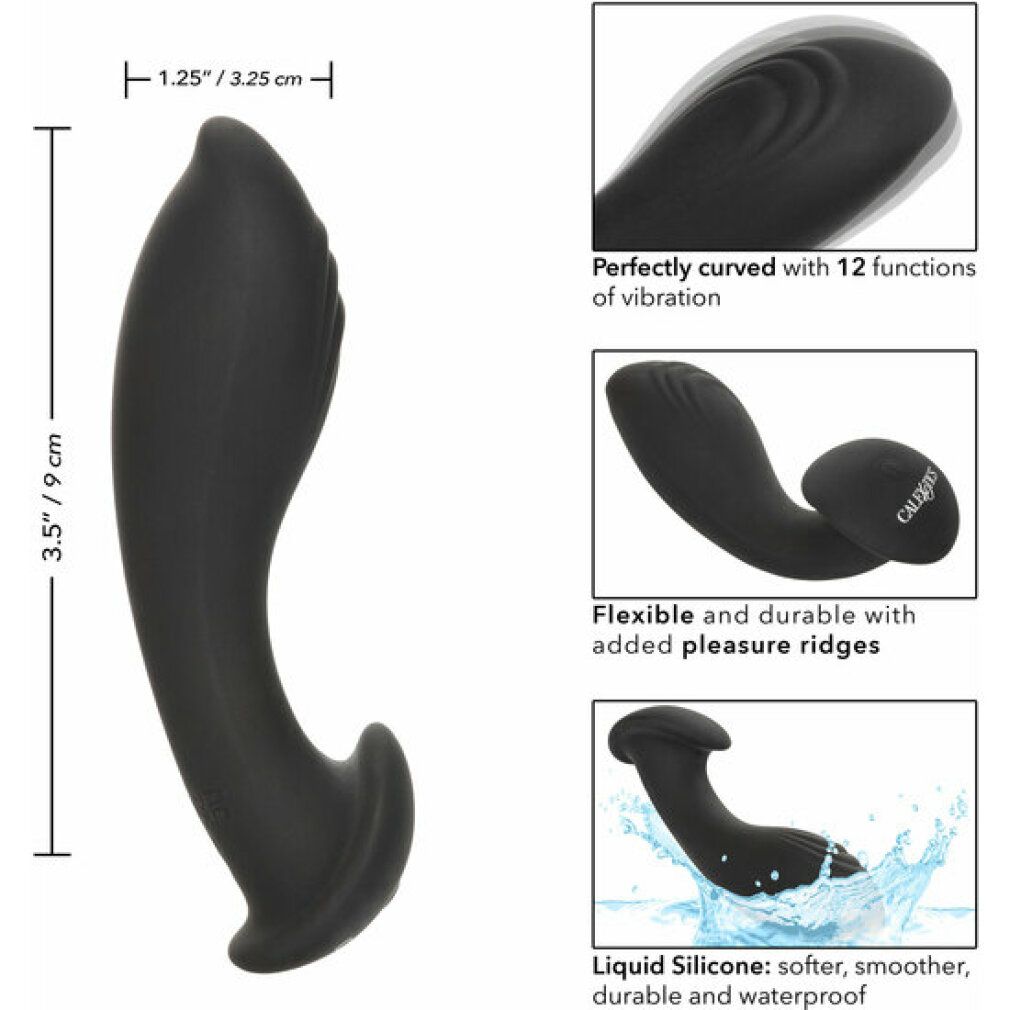 Schwarzes Wellness-Produkt mit Maßangaben. Text: 12 Funktionen, Liquid Silicone. Illustrationen: Produktansichten.