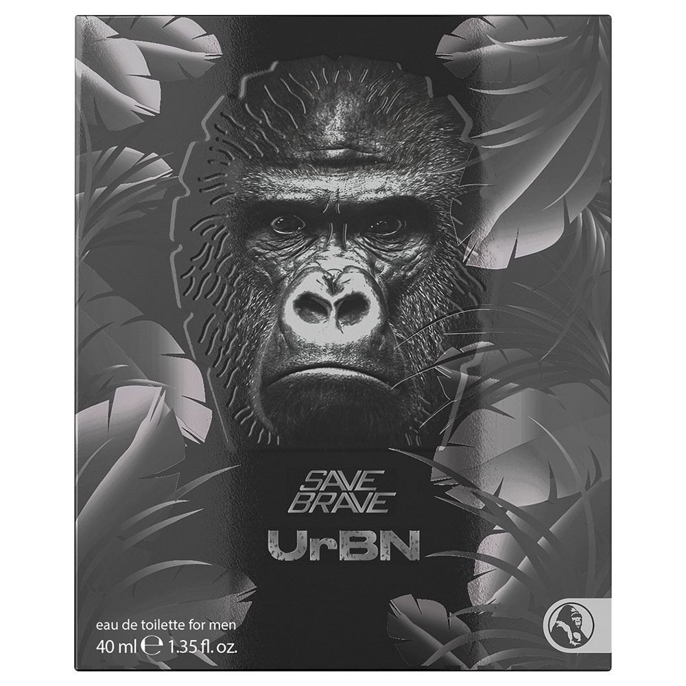 Schachtel mit Gorilla-Gesicht und Blättern. Auf der Schachtel: "SAVE BRAVE UrBN" und "eau de toilette for men".