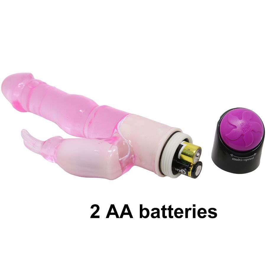 Rosa Vibrator mit Kaninchenohren. Batteriefach geöffnet, 2 AA-Batterien sichtbar. Lila Knopf.