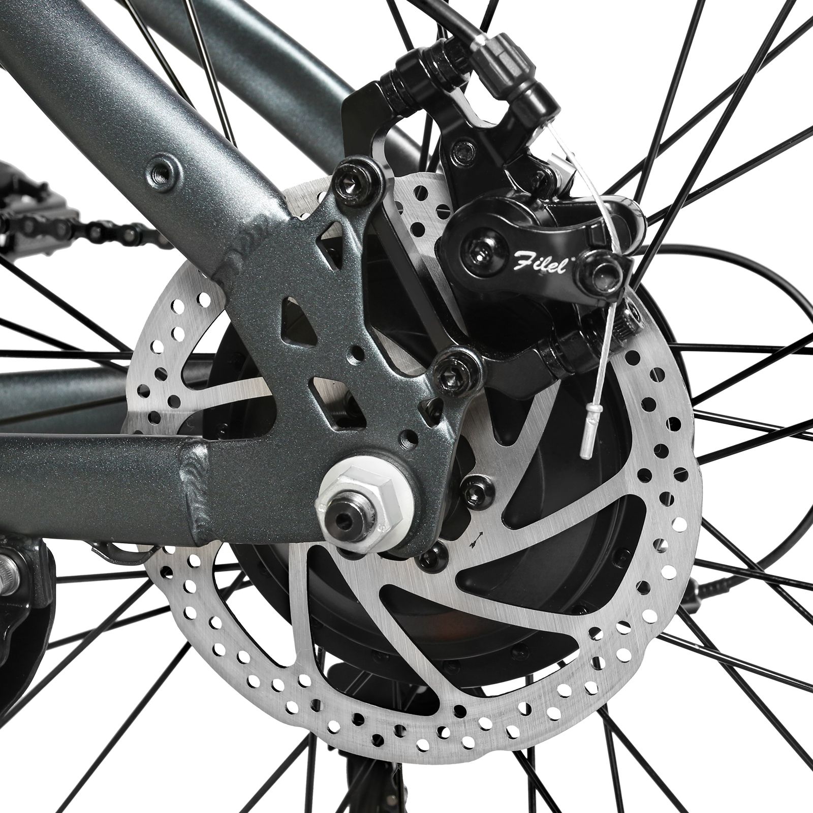 Nahaufnahme der hinteren Bremsscheibe eines Fahrrads. Schwarze Bremse mit Fitel-Logo. Grauer Rahmen.