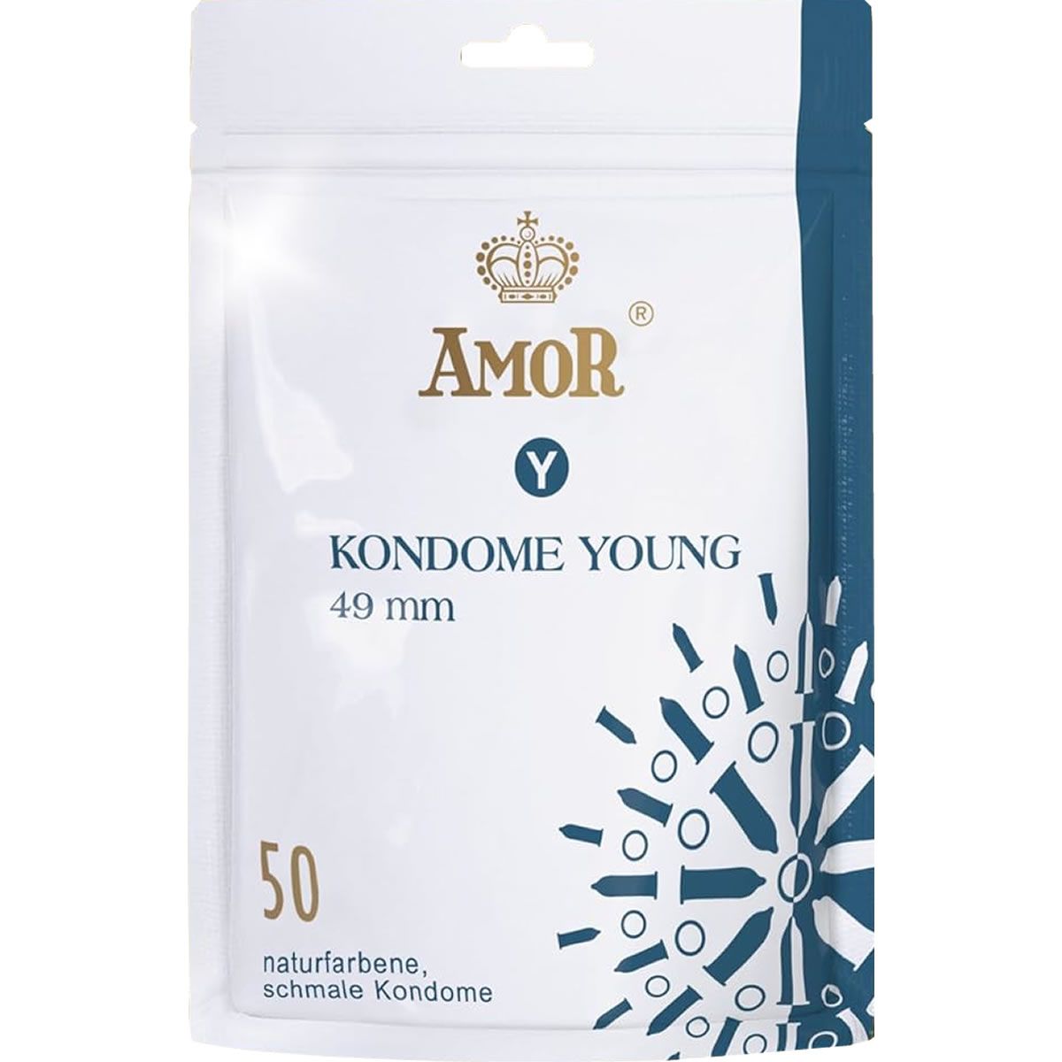 Verpackung mit Kondomen. Aufschrift: AMOR Young, 49 mm, 50 Stück. Naturfarbene, schmale Kondome.