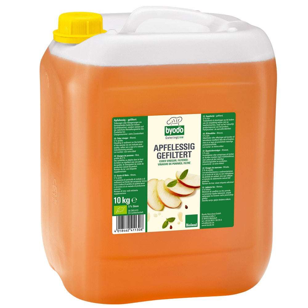BYODO Bio Apfelessig in Kanister. Etikett mit Produktinformationen und Bio-Siegel. 10 kg.